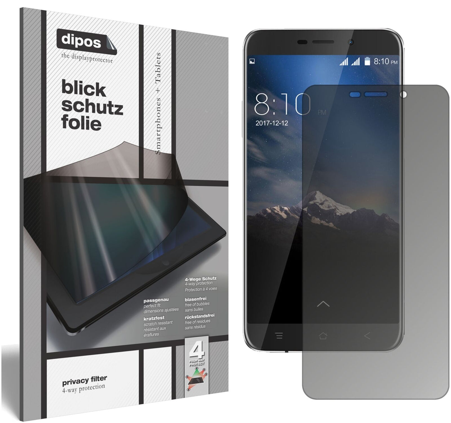 BlackviewA10 mit aufgebrachtem dipos Displayschutz, der seitliche Einblicke blockiert