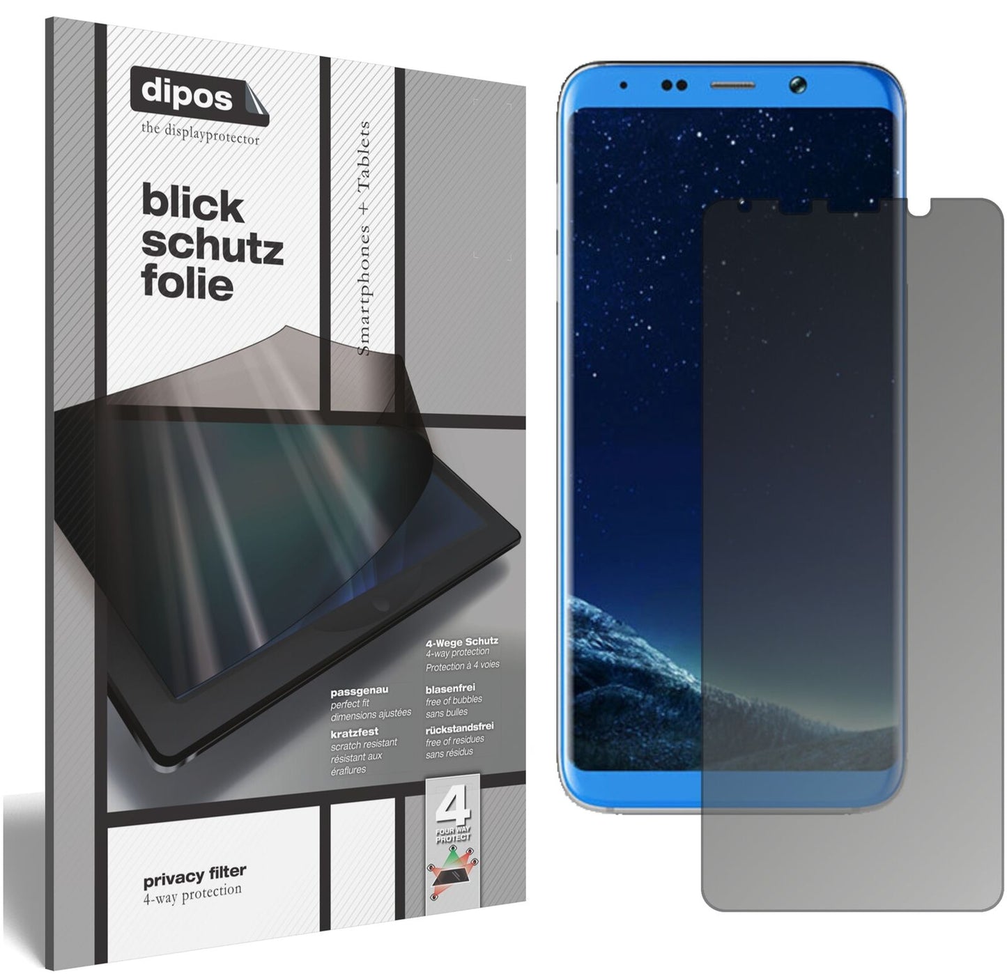 BlubooS8+ mit aufgebrachtem dipos Displayschutz, der seitliche Einblicke blockiert