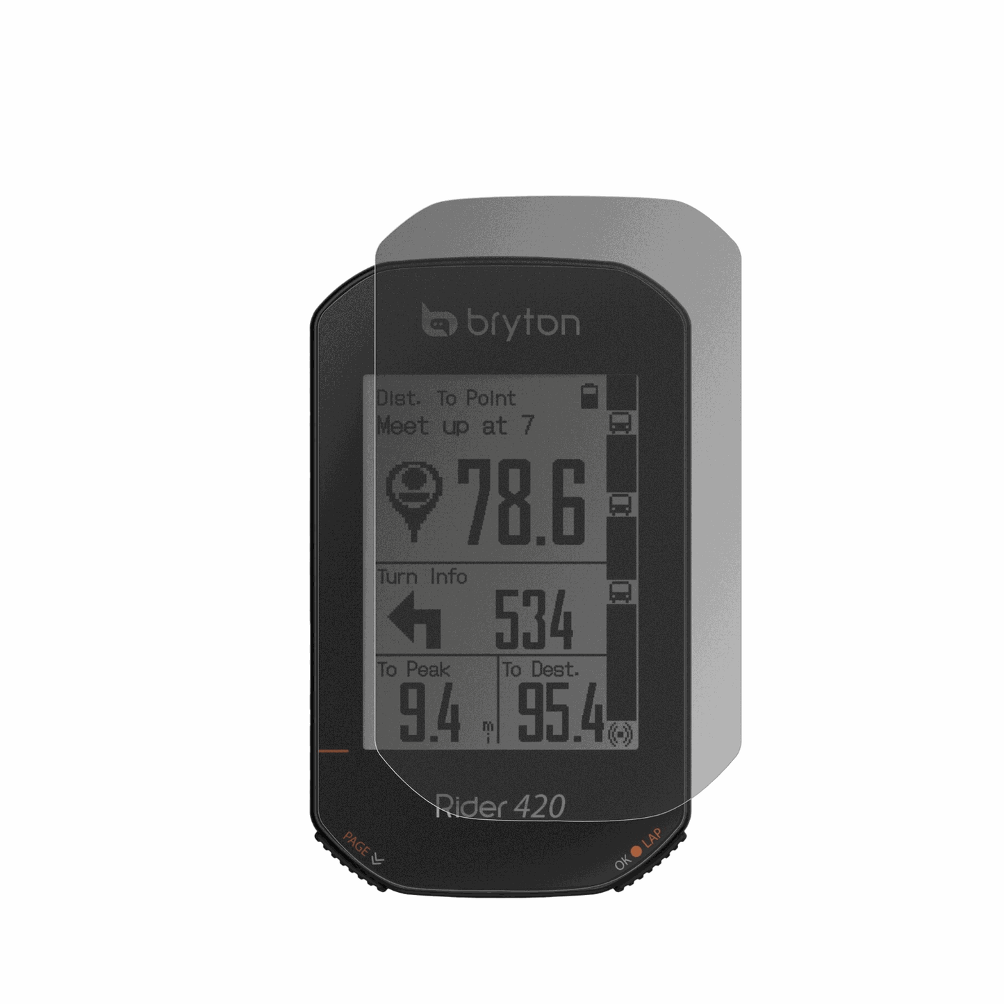 BrytonRider 420 mit aufgebrachtem dipos Displayschutz, der seitliche Einblicke blockiert