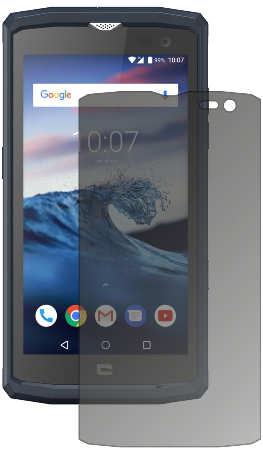CrosscallCore X3 mit aufgebrachtem dipos Displayschutz, der seitliche Einblicke blockiert