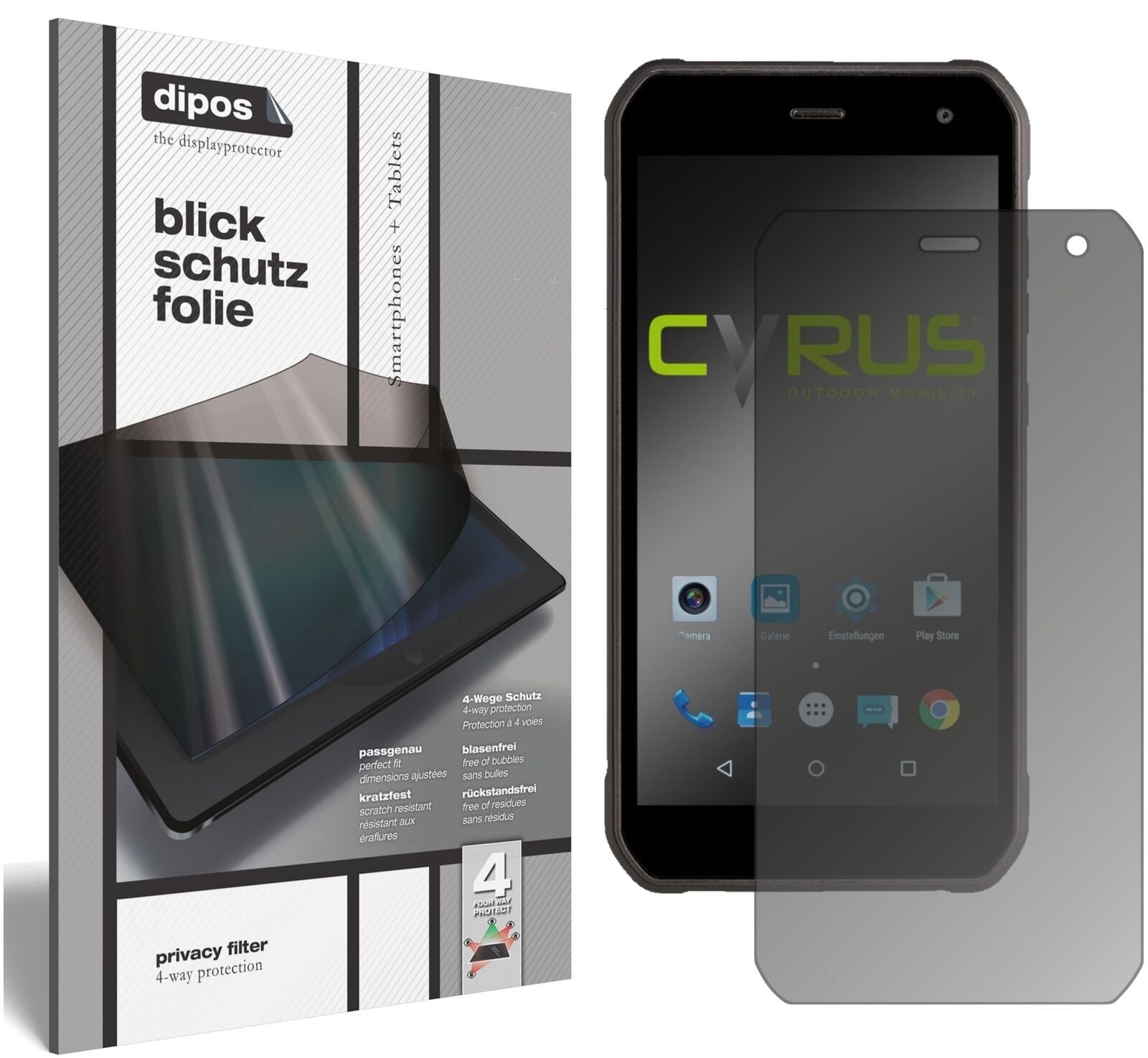 CyrusCS40 mit aufgebrachtem dipos Displayschutz, der seitliche Einblicke blockiert