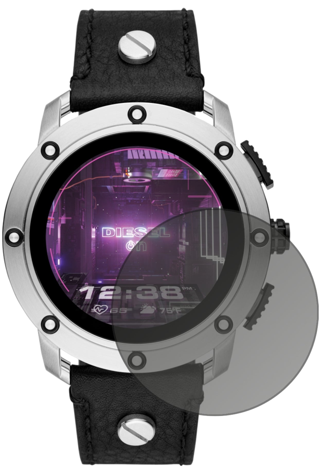DieselOn Smartwatch Axial mit aufgebrachtem dipos Displayschutz, der seitliche Einblicke blockiert