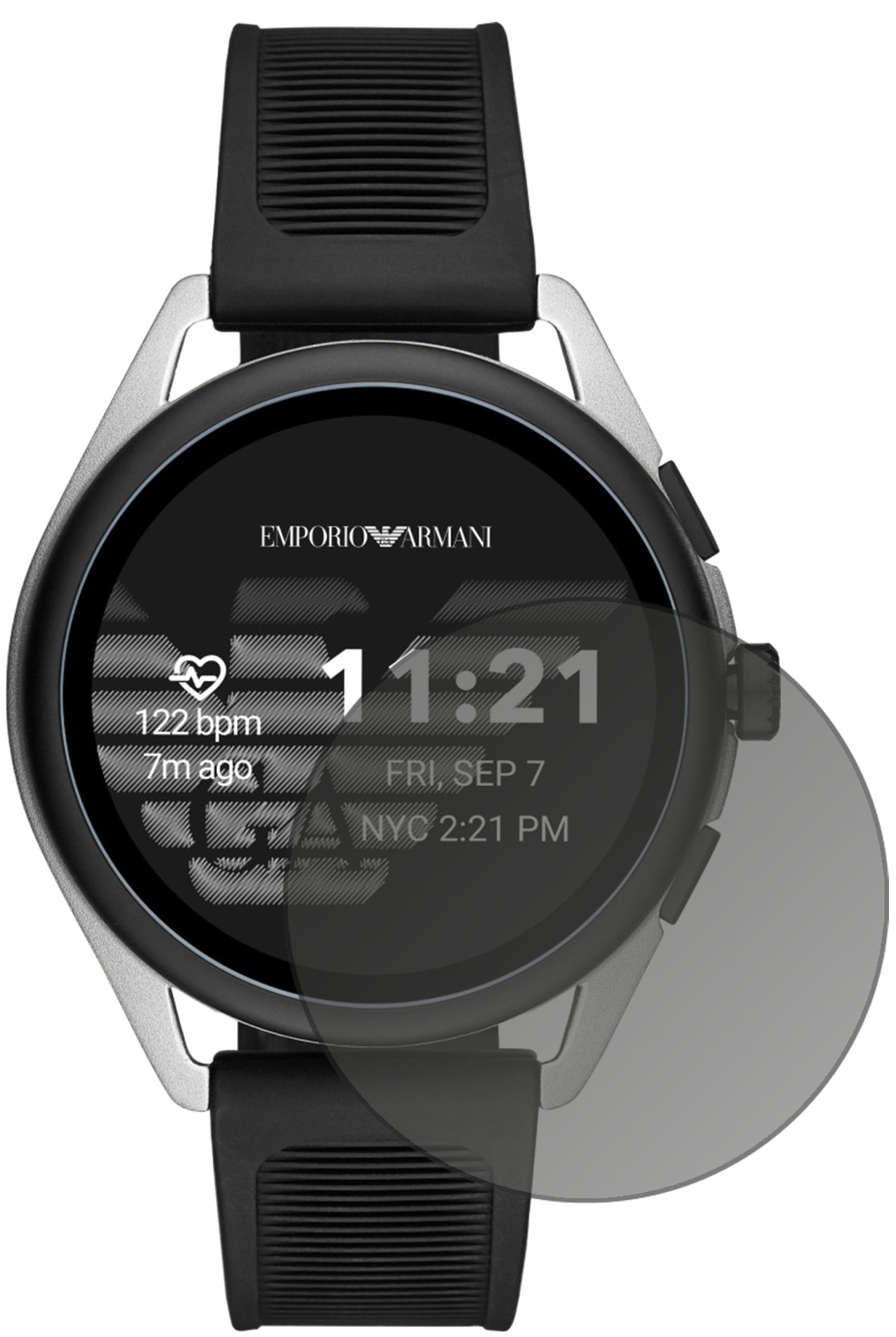 Emporio ArmaniSmartwatch 3 mit aufgebrachtem dipos Displayschutz, der seitliche Einblicke blockiert