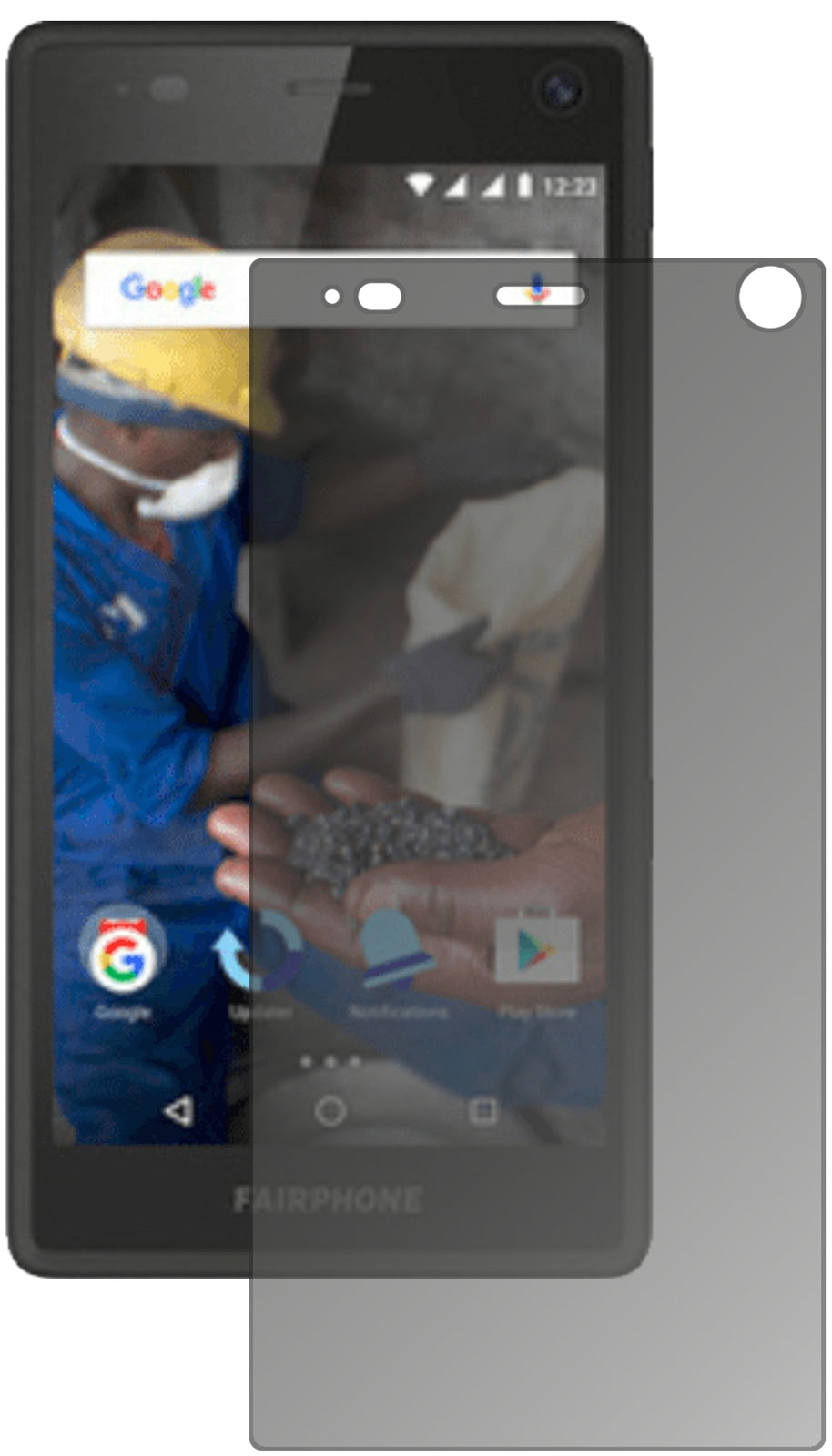 Fairphone2 mit aufgebrachtem dipos Displayschutz, der seitliche Einblicke blockiert