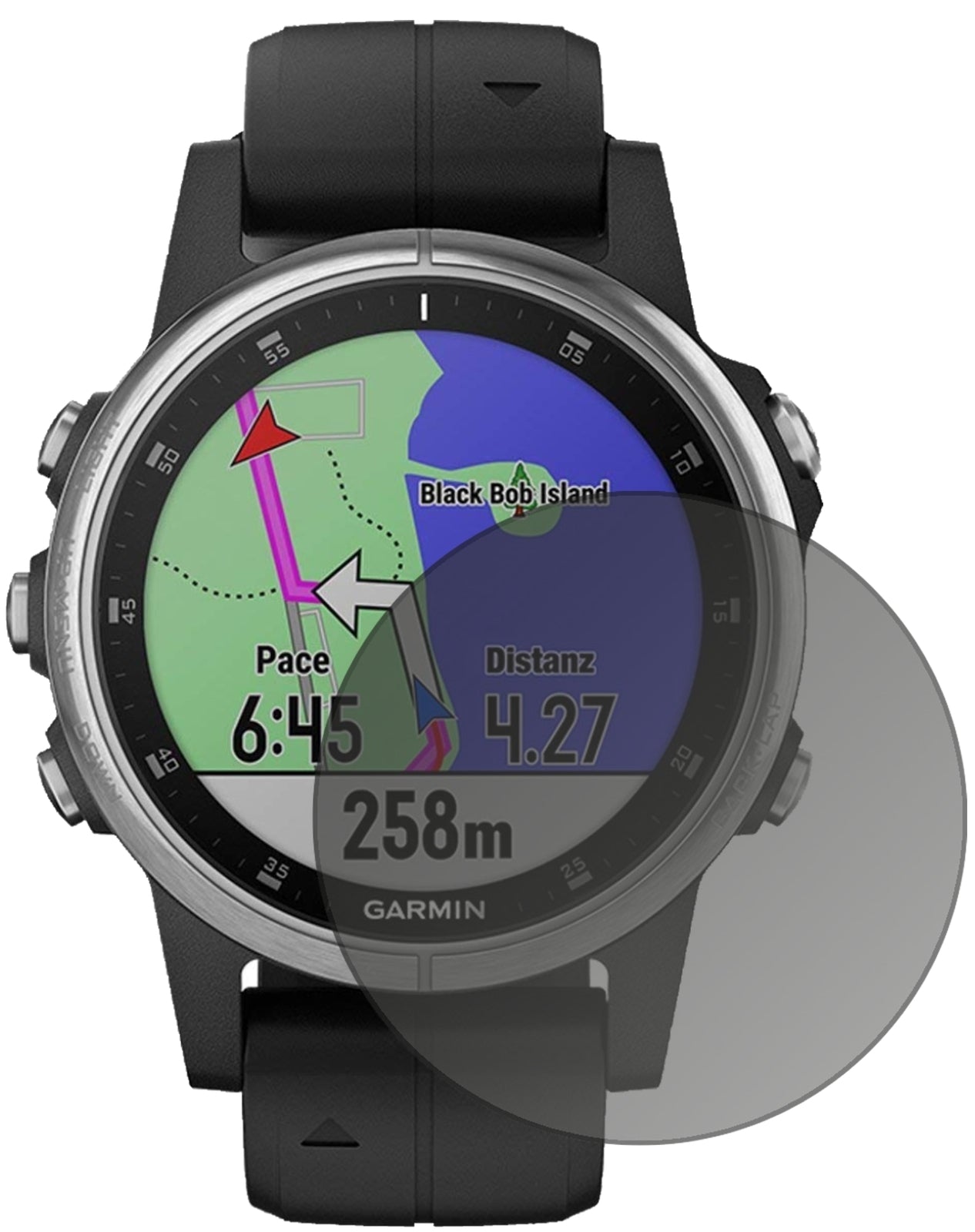 Garminfenix 5s Plus (42mm) mit aufgebrachtem dipos Displayschutz, der seitliche Einblicke blockiert