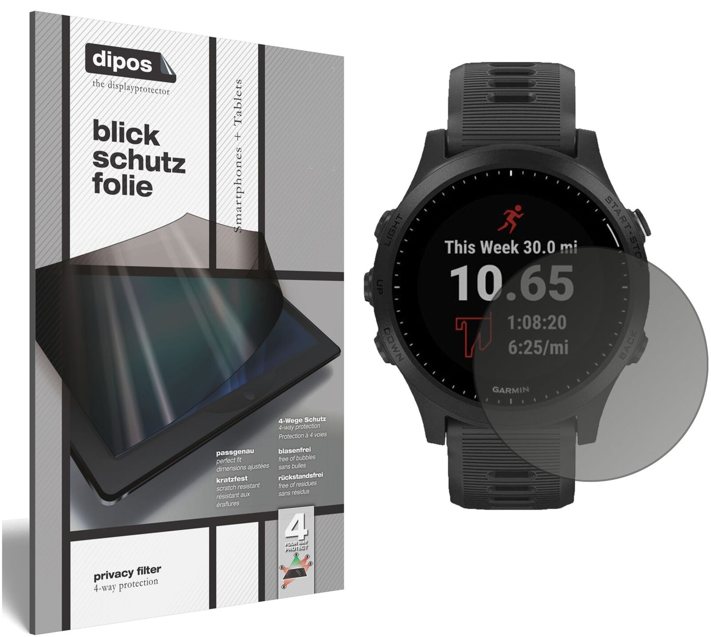 GarminForerunner 245 Music mit aufgebrachtem dipos Displayschutz, der seitliche Einblicke blockiert