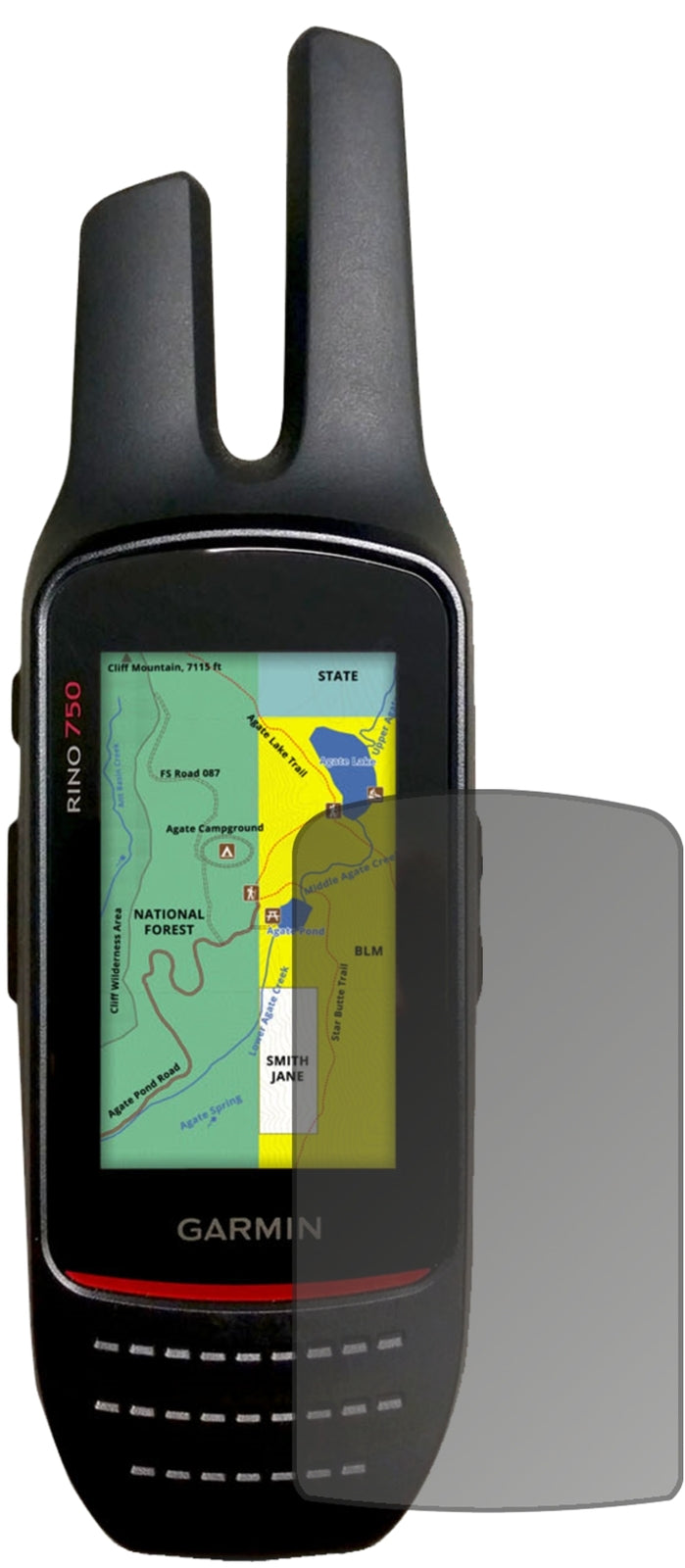 GarminRino 755t mit aufgebrachtem dipos Displayschutz, der seitliche Einblicke blockiert