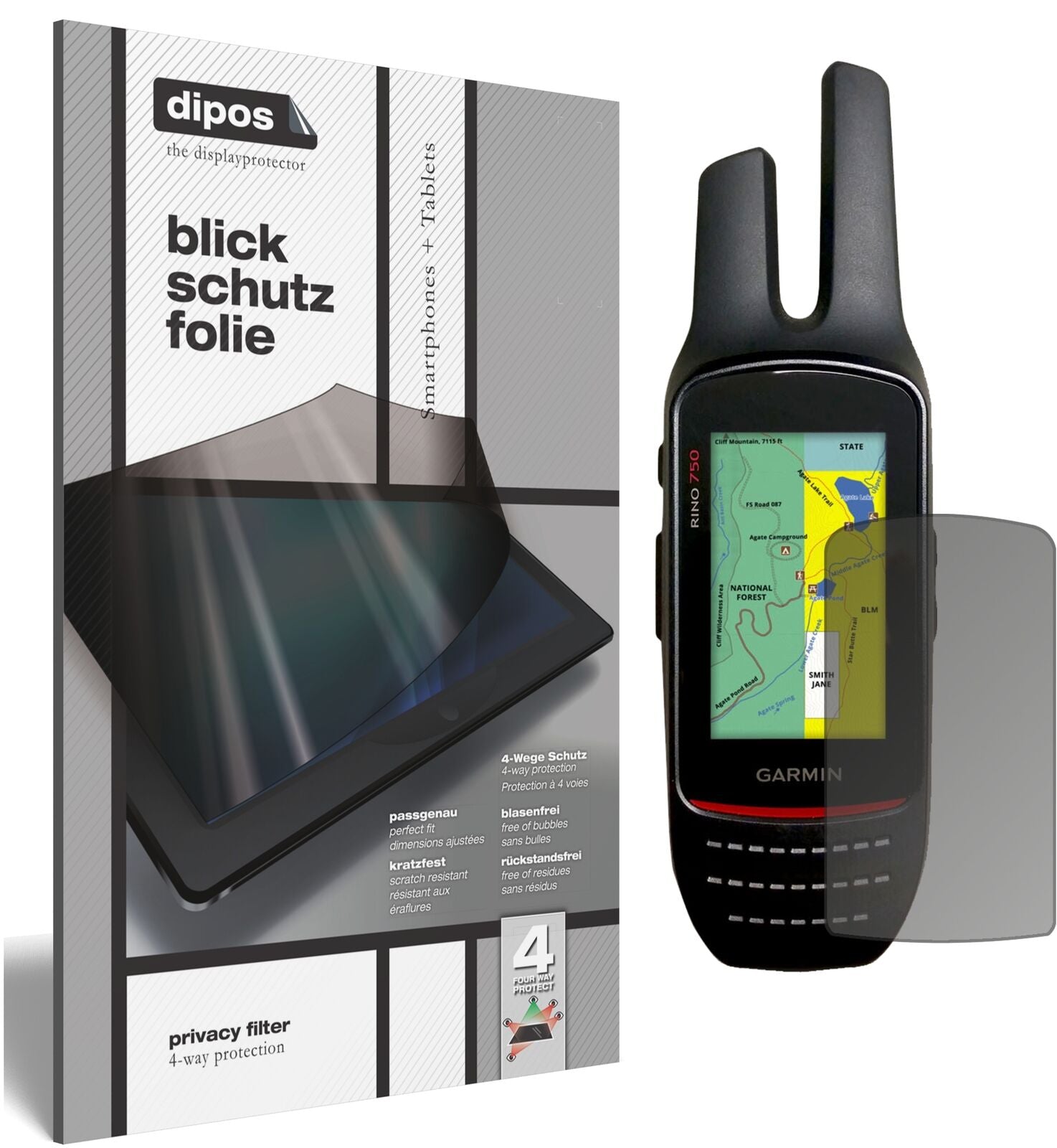 GarminRino 755t mit aufgebrachtem dipos Displayschutz, der seitliche Einblicke blockiert