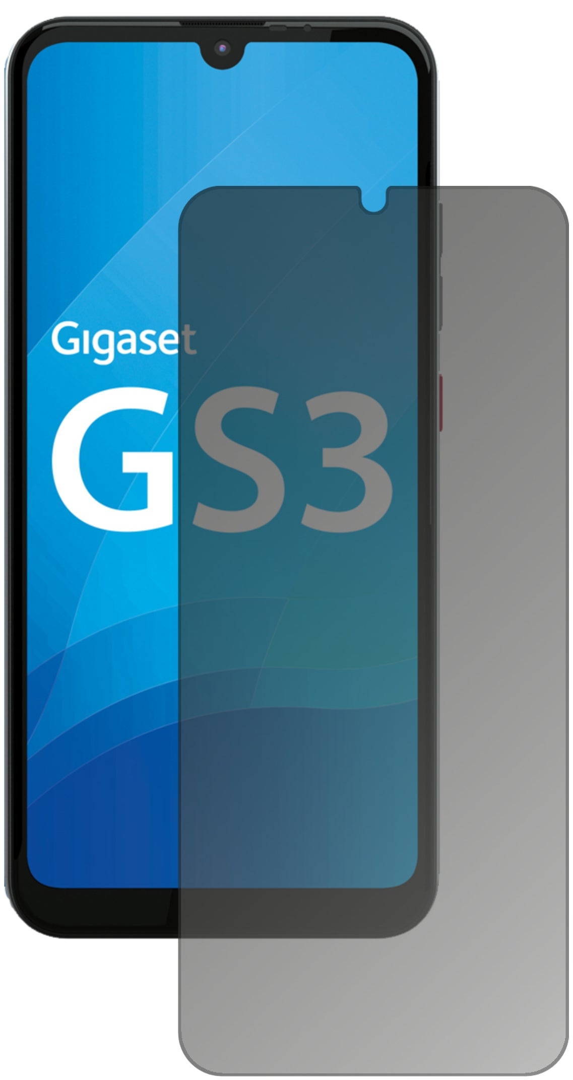 GigasetGS3 mit aufgebrachtem dipos Displayschutz, der seitliche Einblicke blockiert