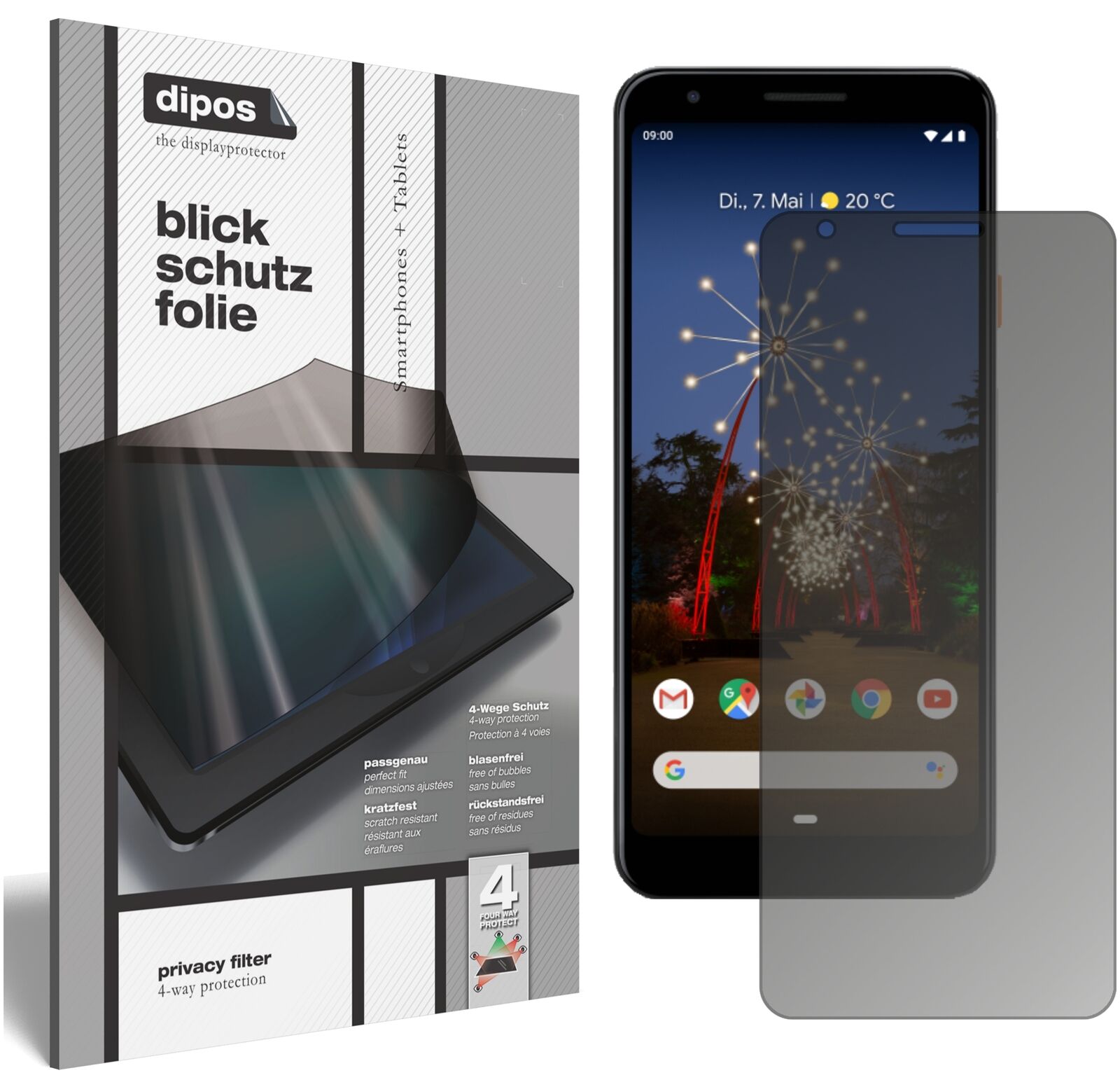 GooglePixel 3a XL mit aufgebrachtem dipos Displayschutz, der seitliche Einblicke blockiert