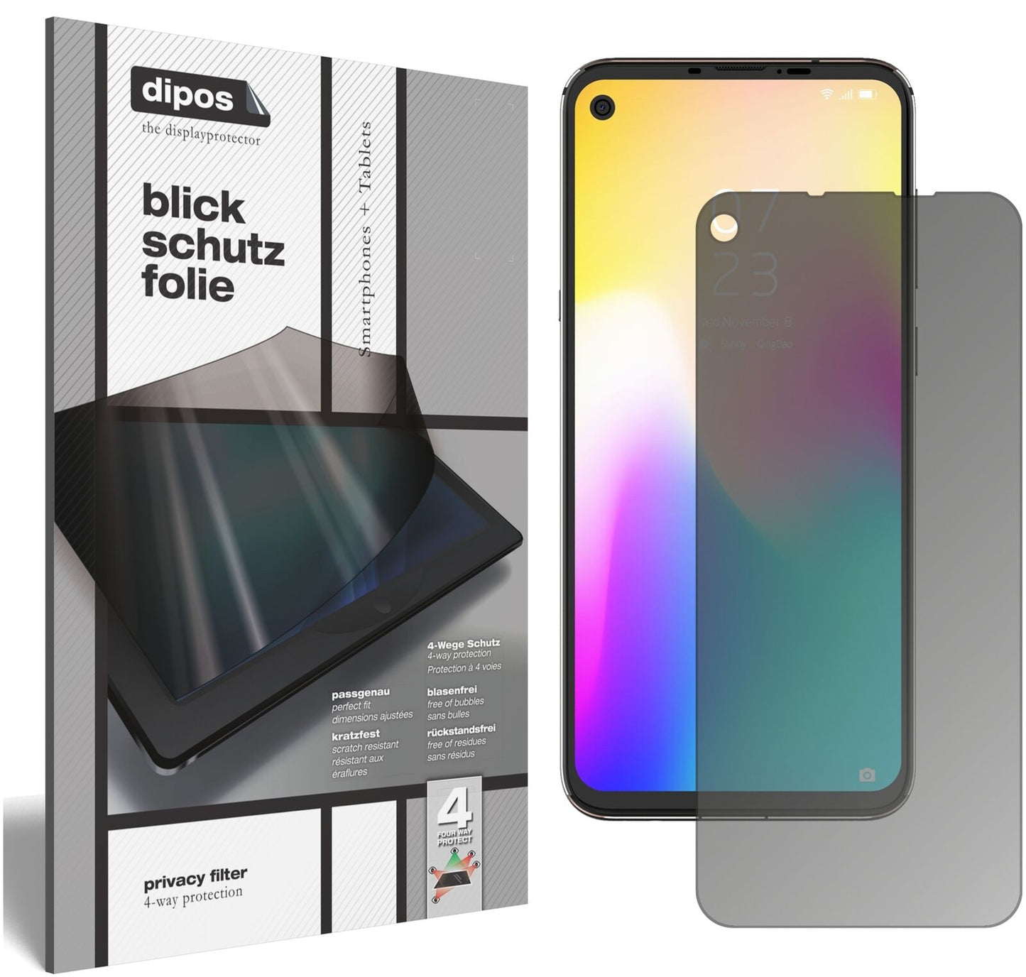 HisenseInfinity U30 mit aufgebrachtem dipos Displayschutz, der seitliche Einblicke blockiert