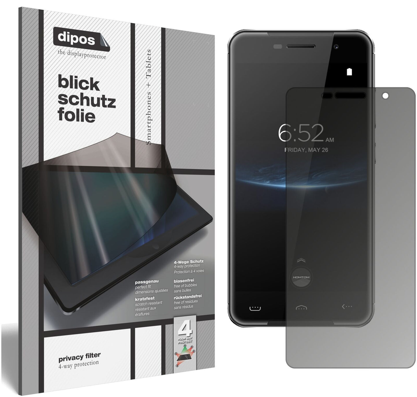 HOMTOMHT37 Pro mit aufgebrachtem dipos Displayschutz, der seitliche Einblicke blockiert