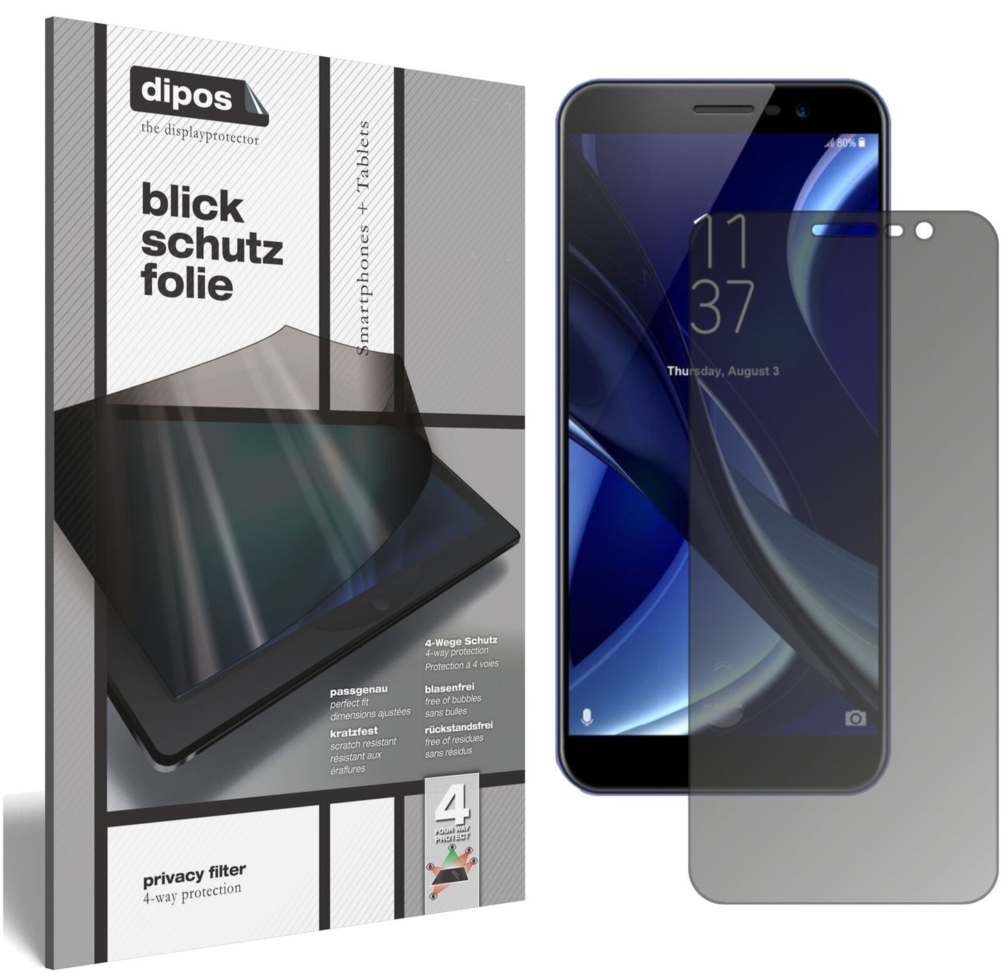 HOMTOMS16 mit aufgebrachtem dipos Displayschutz, der seitliche Einblicke blockiert