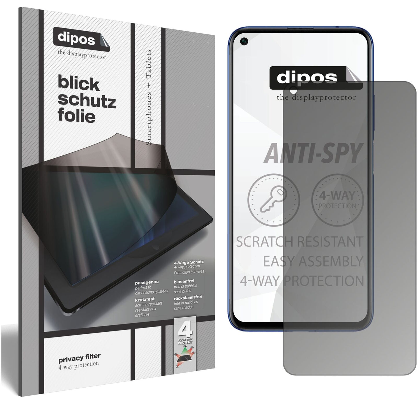 Honor20 mit aufgebrachtem dipos Displayschutz, der seitliche Einblicke blockiert