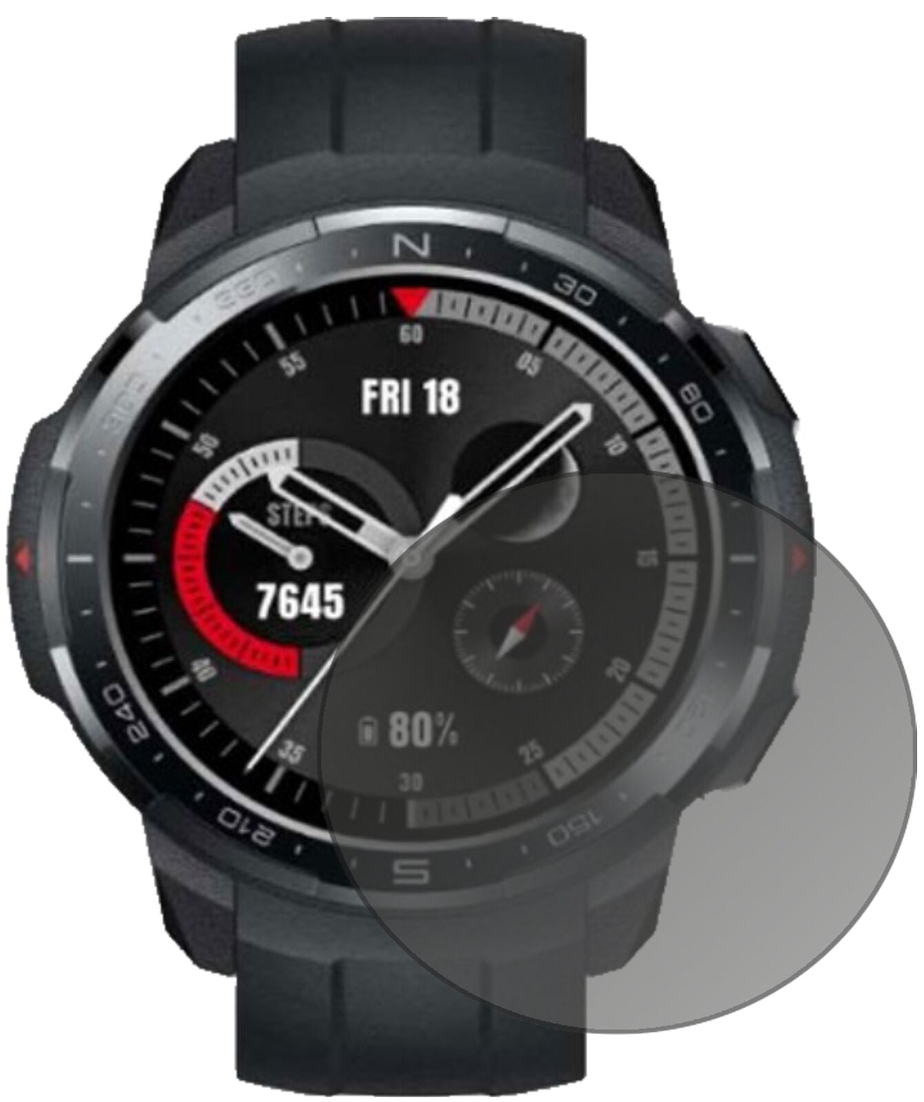 HonorGS Pro Smartwatch (48mm) mit aufgebrachtem dipos Displayschutz, der seitliche Einblicke blockiert