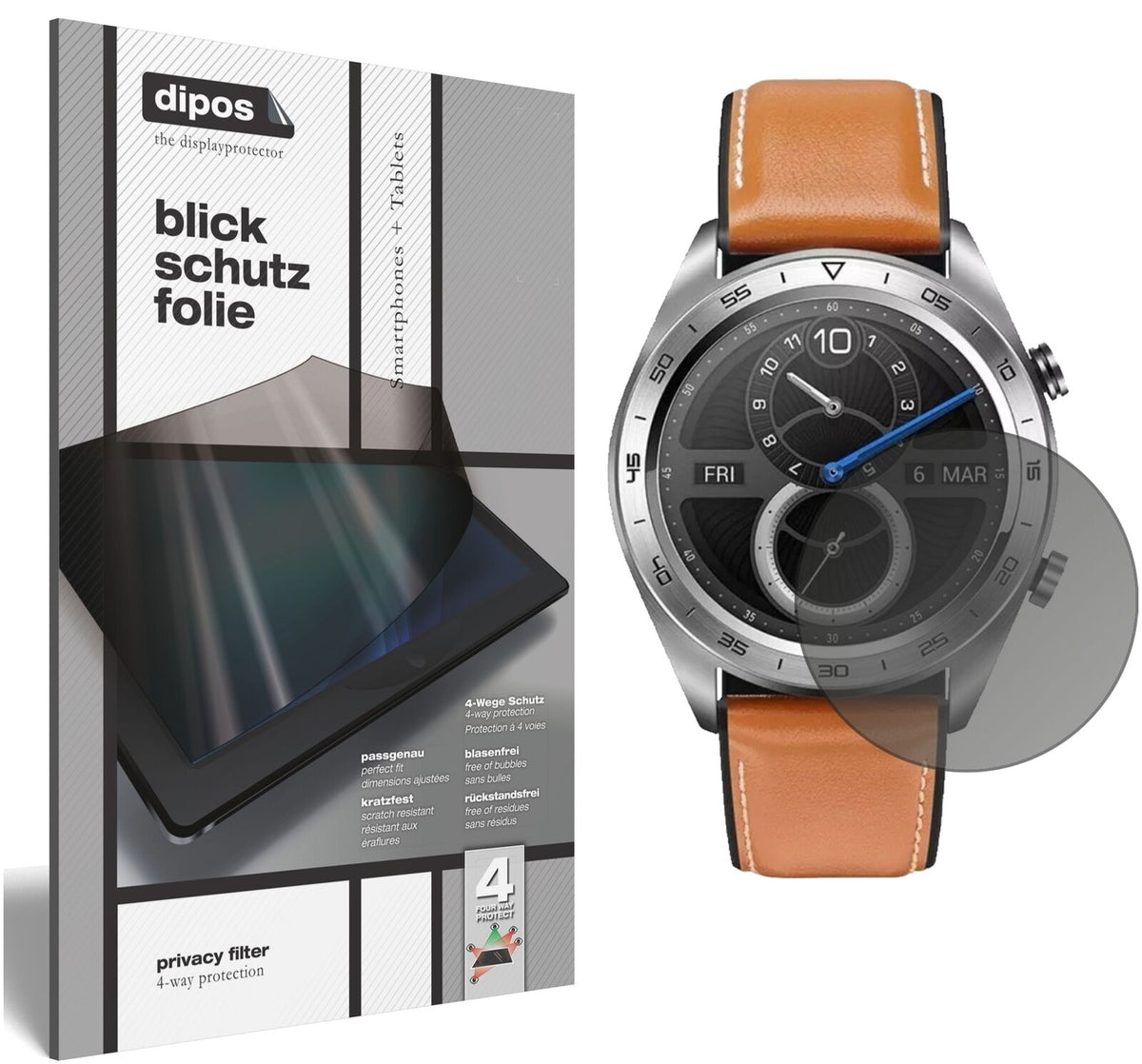 HonorWatch Magic mit aufgebrachtem dipos Displayschutz, der seitliche Einblicke blockiert