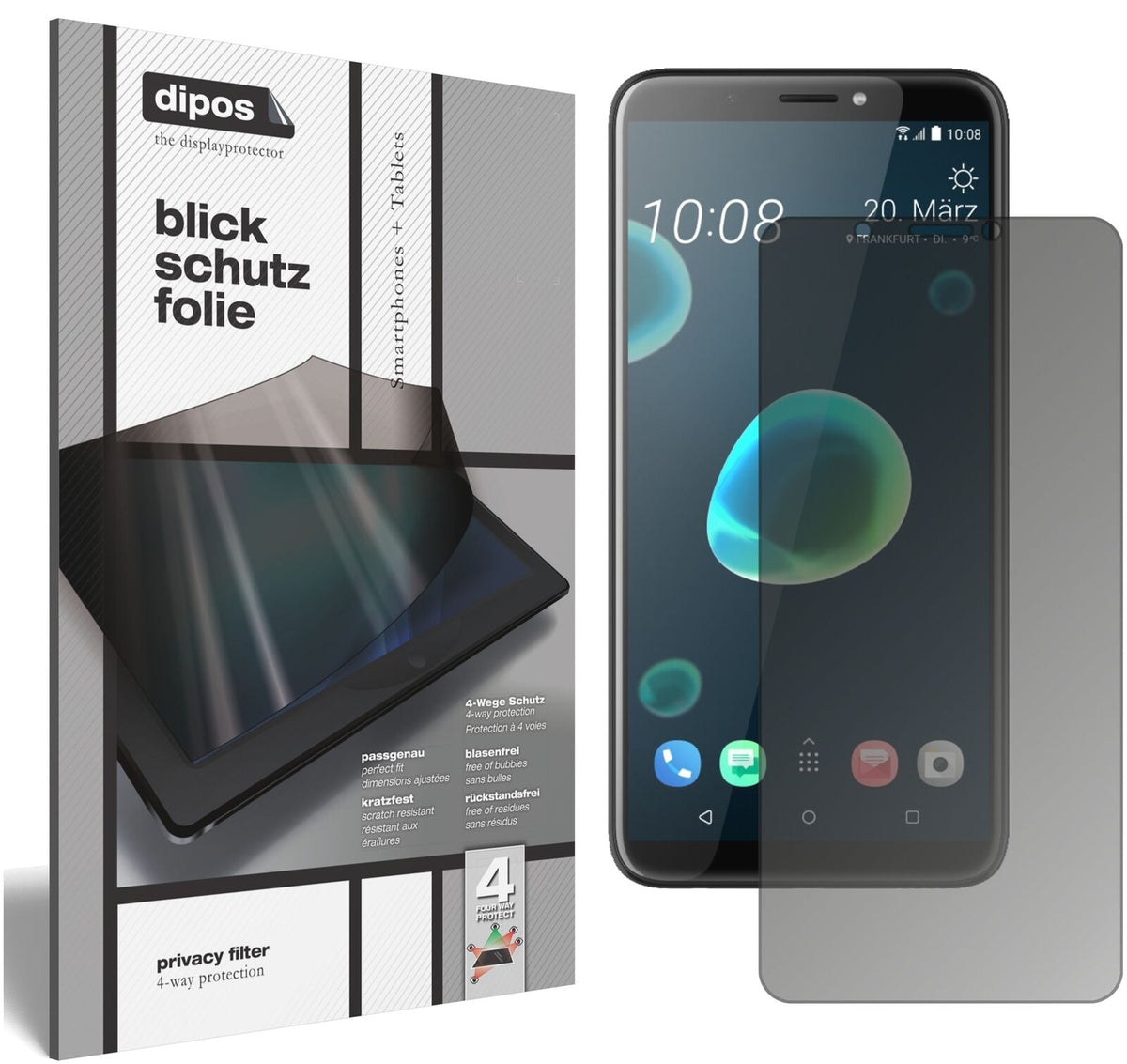 HTCDesire 12 mit aufgebrachtem dipos Displayschutz, der seitliche Einblicke blockiert