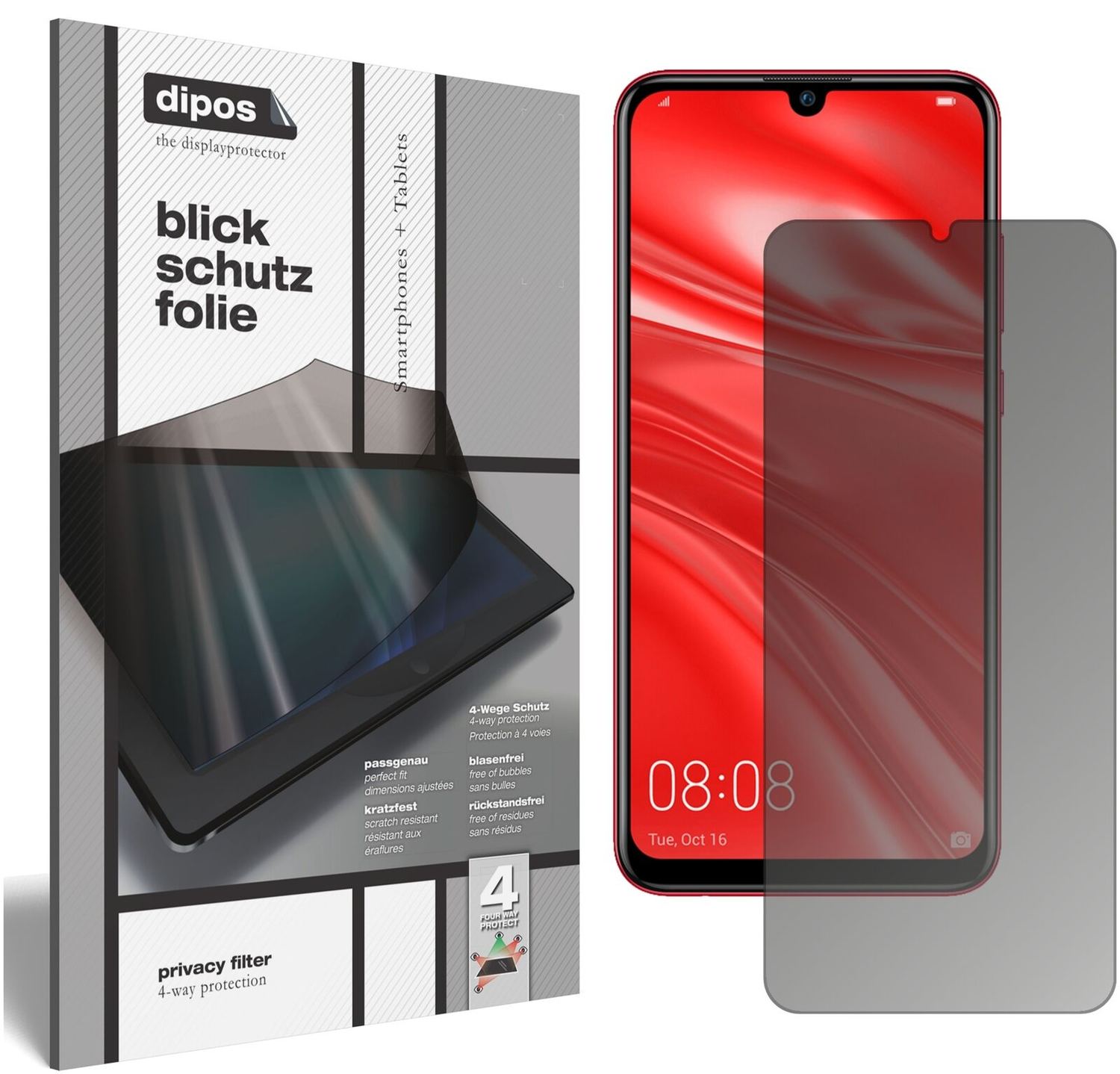 HuaweiNova Lite 3 mit aufgebrachtem dipos Displayschutz, der seitliche Einblicke blockiert