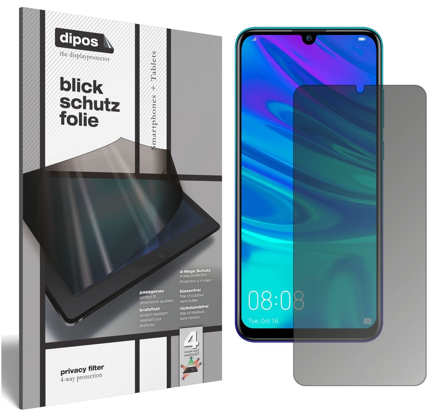 HuaweiP Smart (2019) mit aufgebrachtem dipos Displayschutz, der seitliche Einblicke blockiert