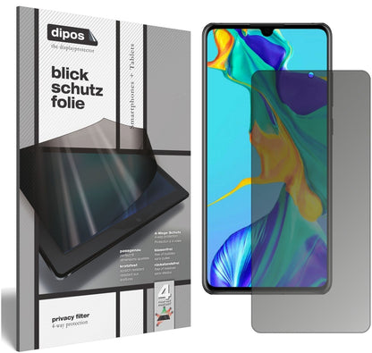 HuaweiP30 mit aufgebrachtem dipos Displayschutz, der seitliche Einblicke blockiert