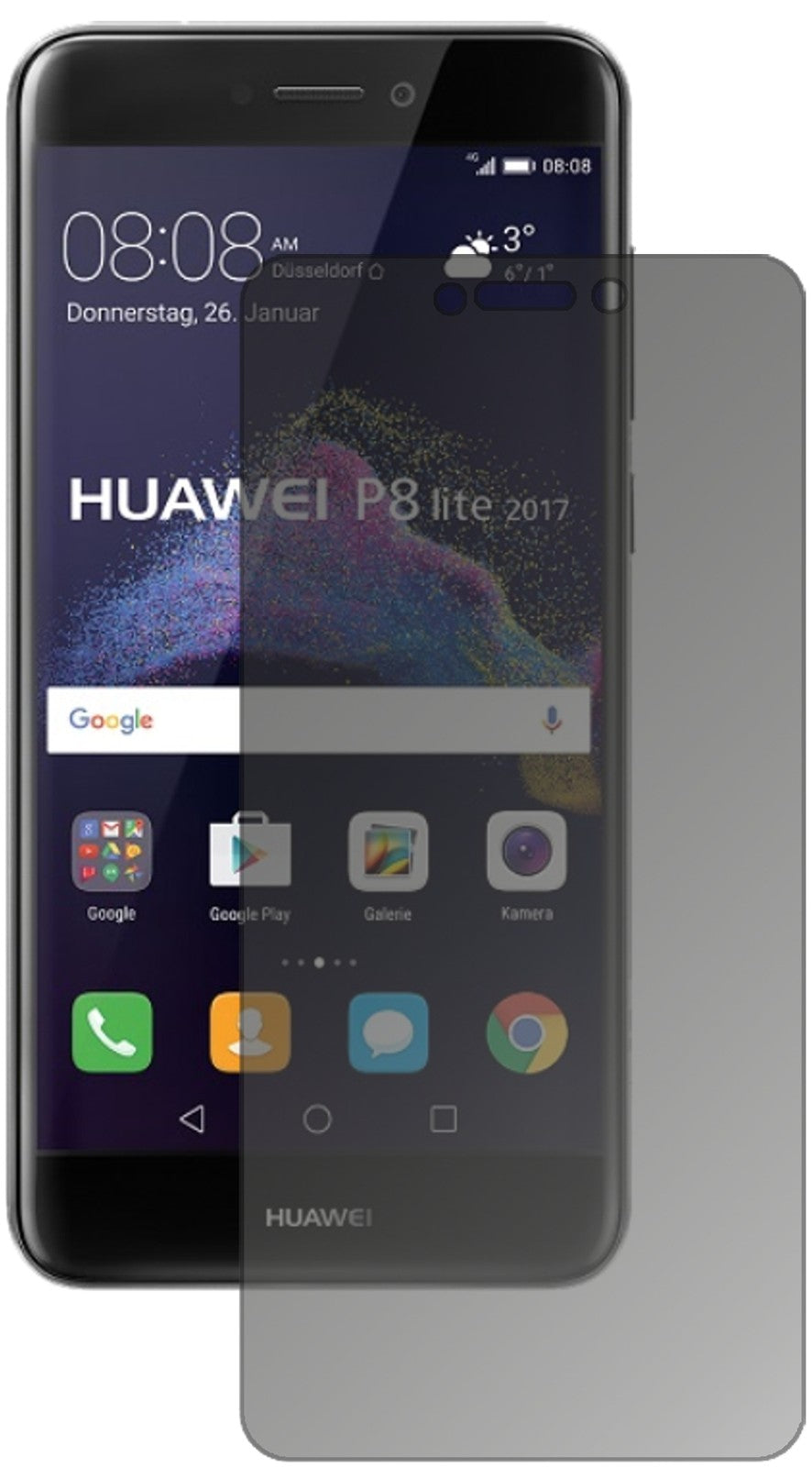 HuaweiP8 Lite2017 mit aufgebrachtem dipos Displayschutz, der seitliche Einblicke blockiert