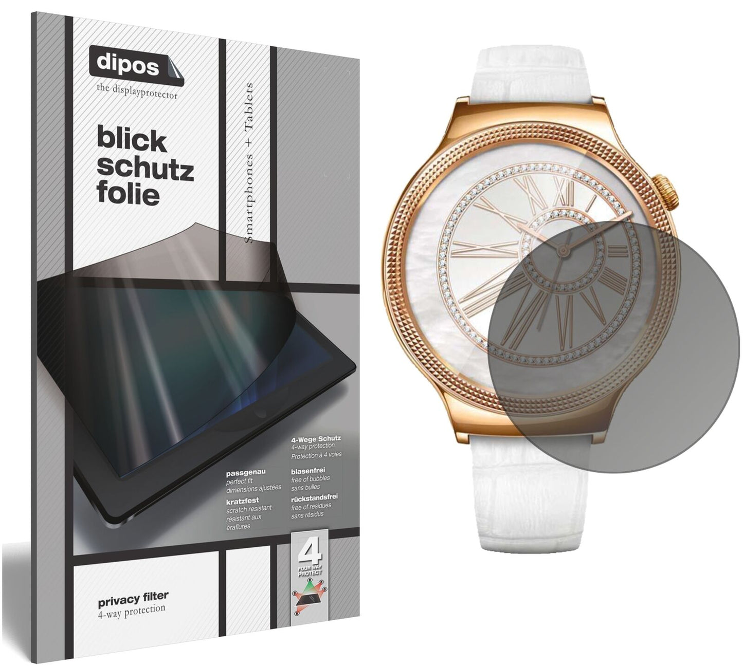 HuaweiWatch Jewel mit aufgebrachtem dipos Displayschutz, der seitliche Einblicke blockiert