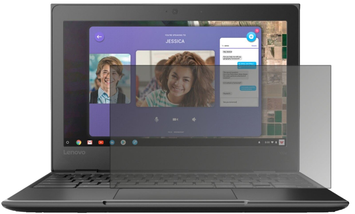 Lenovo100e Chromebook mit aufgebrachtem dipos Displayschutz, der seitliche Einblicke blockiert