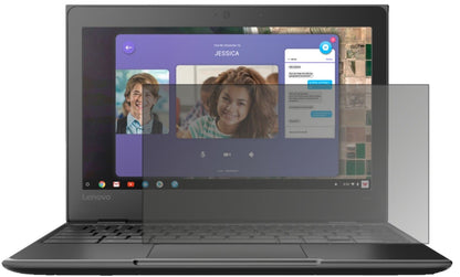 Lenovo100e Chromebook mit aufgebrachtem dipos Displayschutz, der seitliche Einblicke blockiert