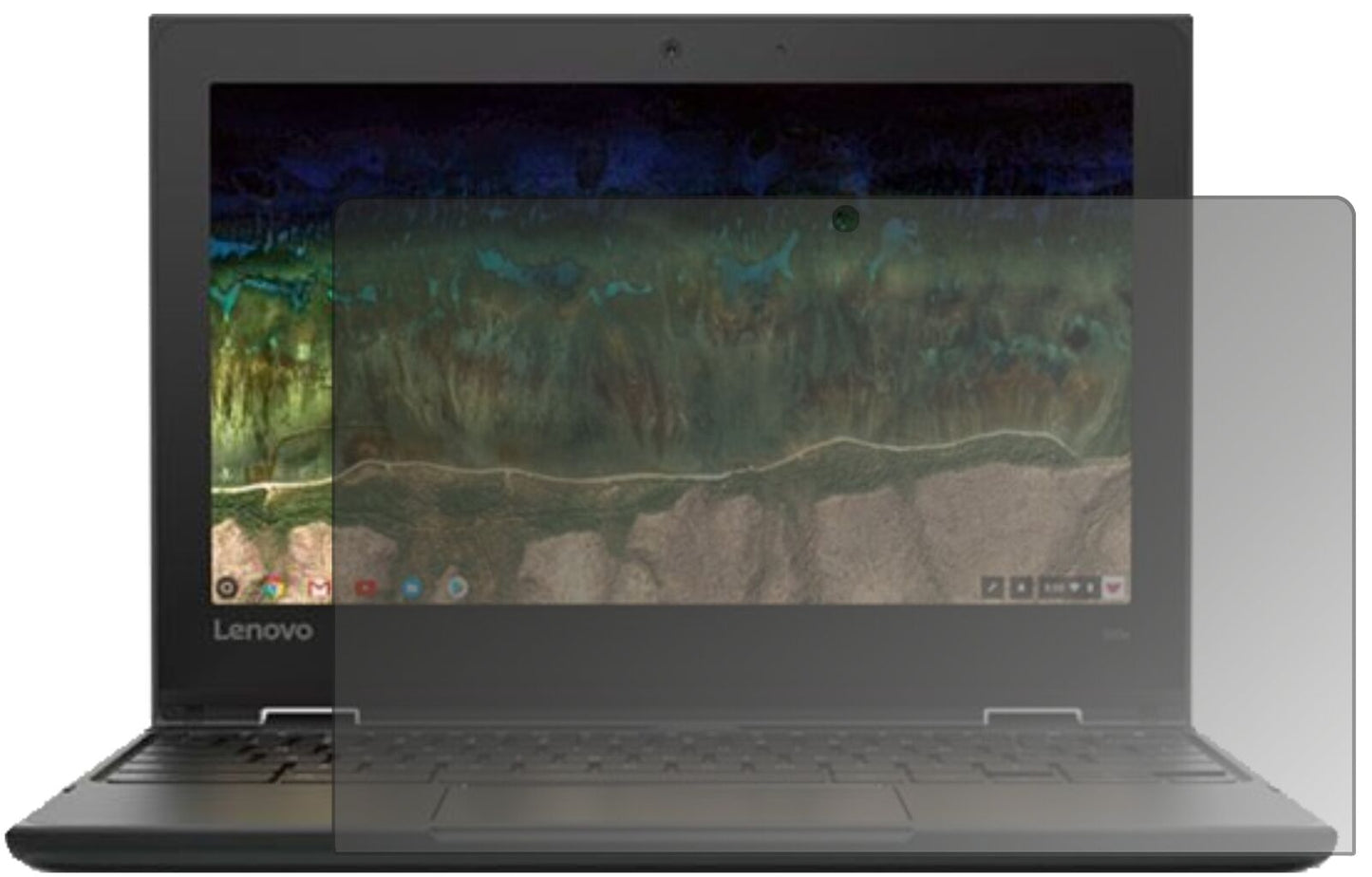 Lenovo500e Chromebook mit aufgebrachtem dipos Displayschutz, der seitliche Einblicke blockiert