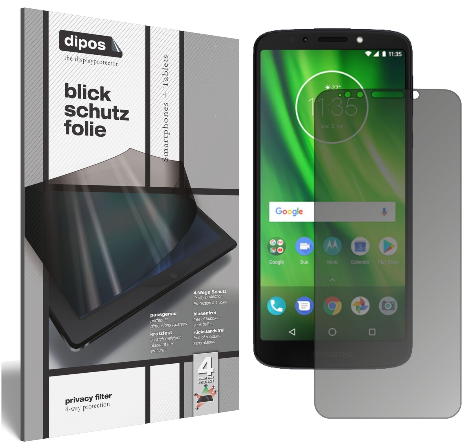 LenovoMoto G6 Play mit aufgebrachtem dipos Displayschutz, der seitliche Einblicke blockiert