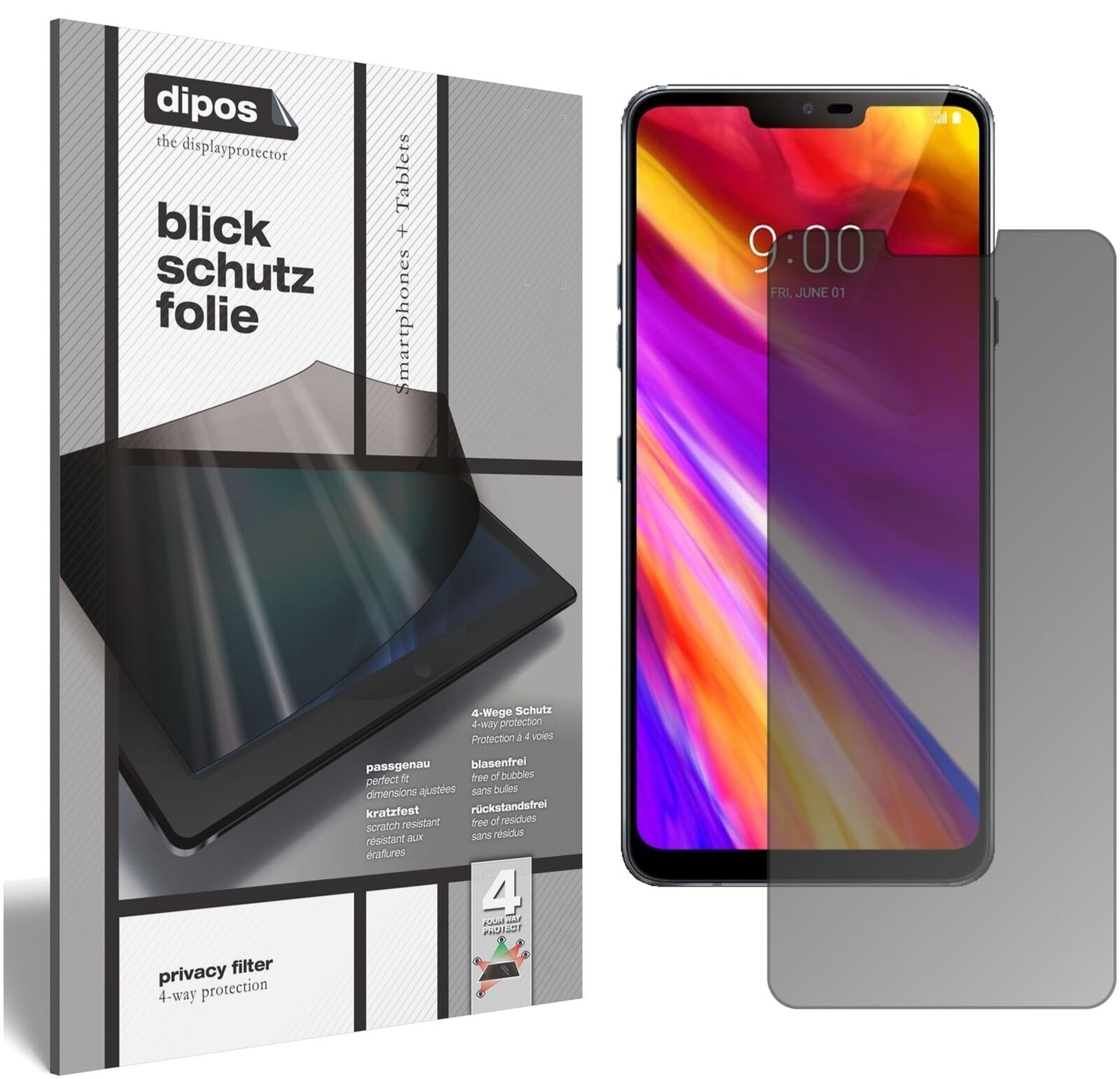 LGG7 ThinQ mit aufgebrachtem dipos Displayschutz, der seitliche Einblicke blockiert