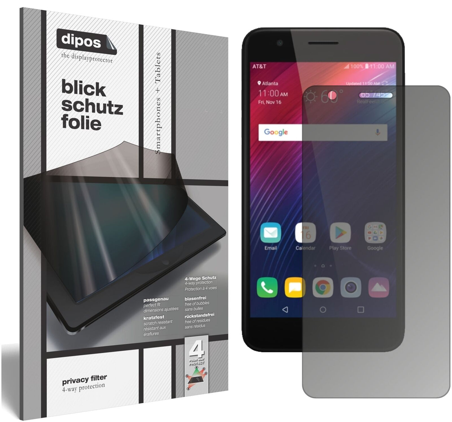 LGPhoenix Plus mit aufgebrachtem dipos Displayschutz, der seitliche Einblicke blockiert