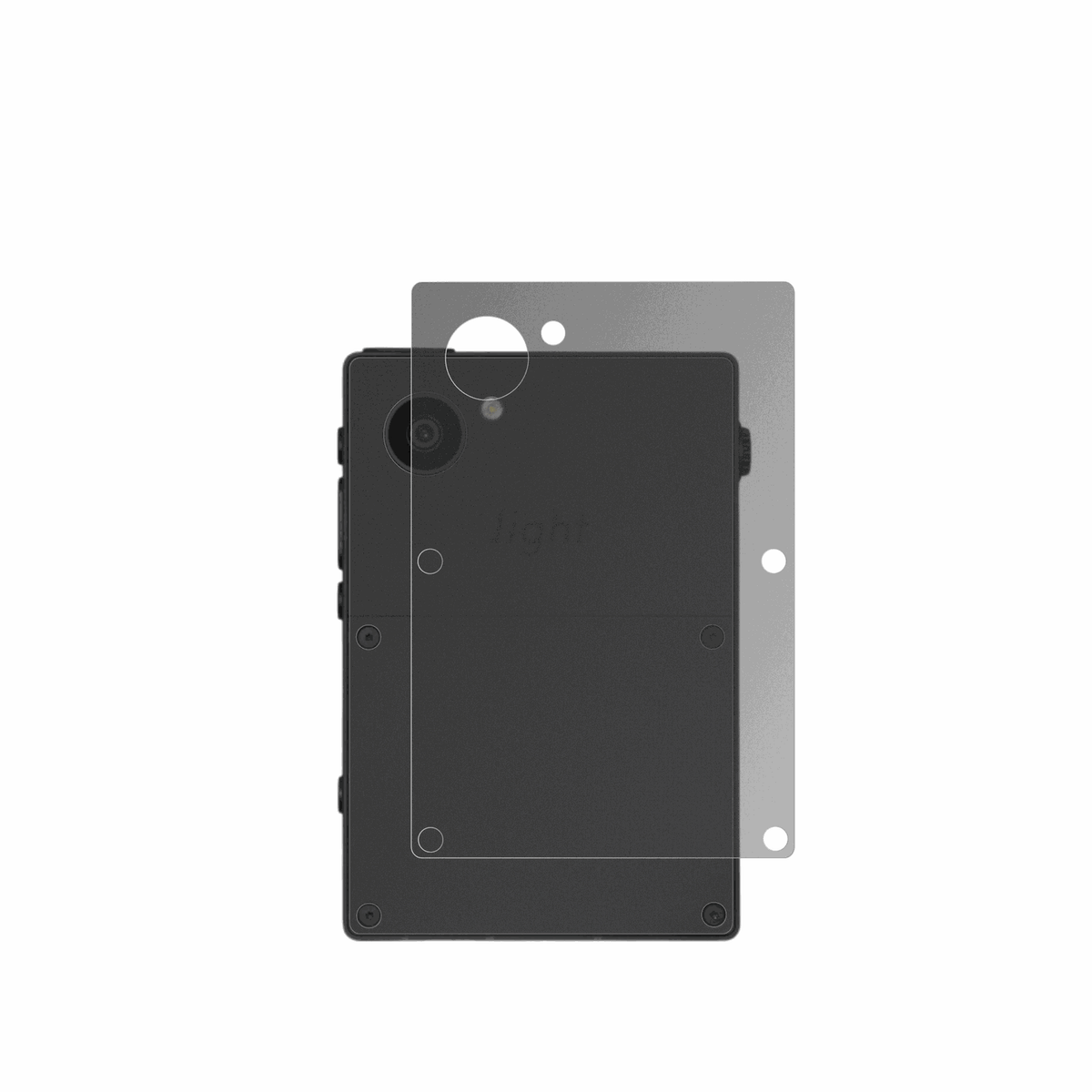 LightPhone 3 Rückseite mit aufgebrachtem dipos Displayschutz, der seitliche Einblicke blockiert