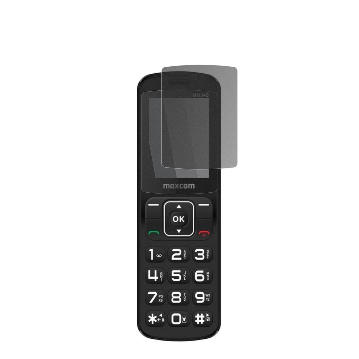 MaxComComfort MM34D 4G mit aufgebrachtem dipos Displayschutz, der seitliche Einblicke blockiert