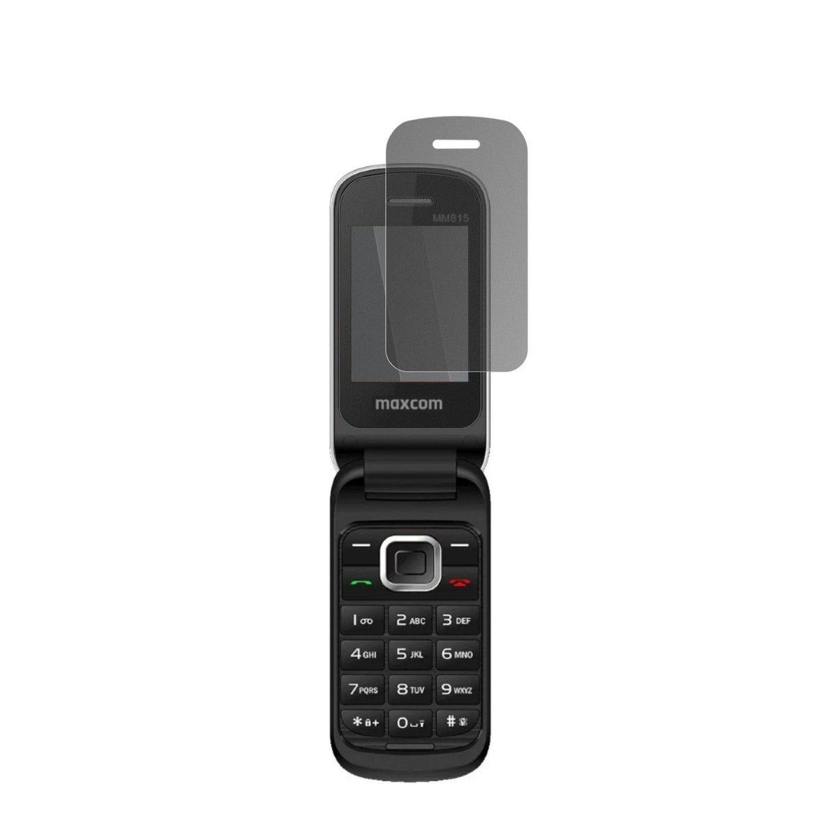 MaxComComfort MM815 mit aufgebrachtem dipos Displayschutz, der seitliche Einblicke blockiert