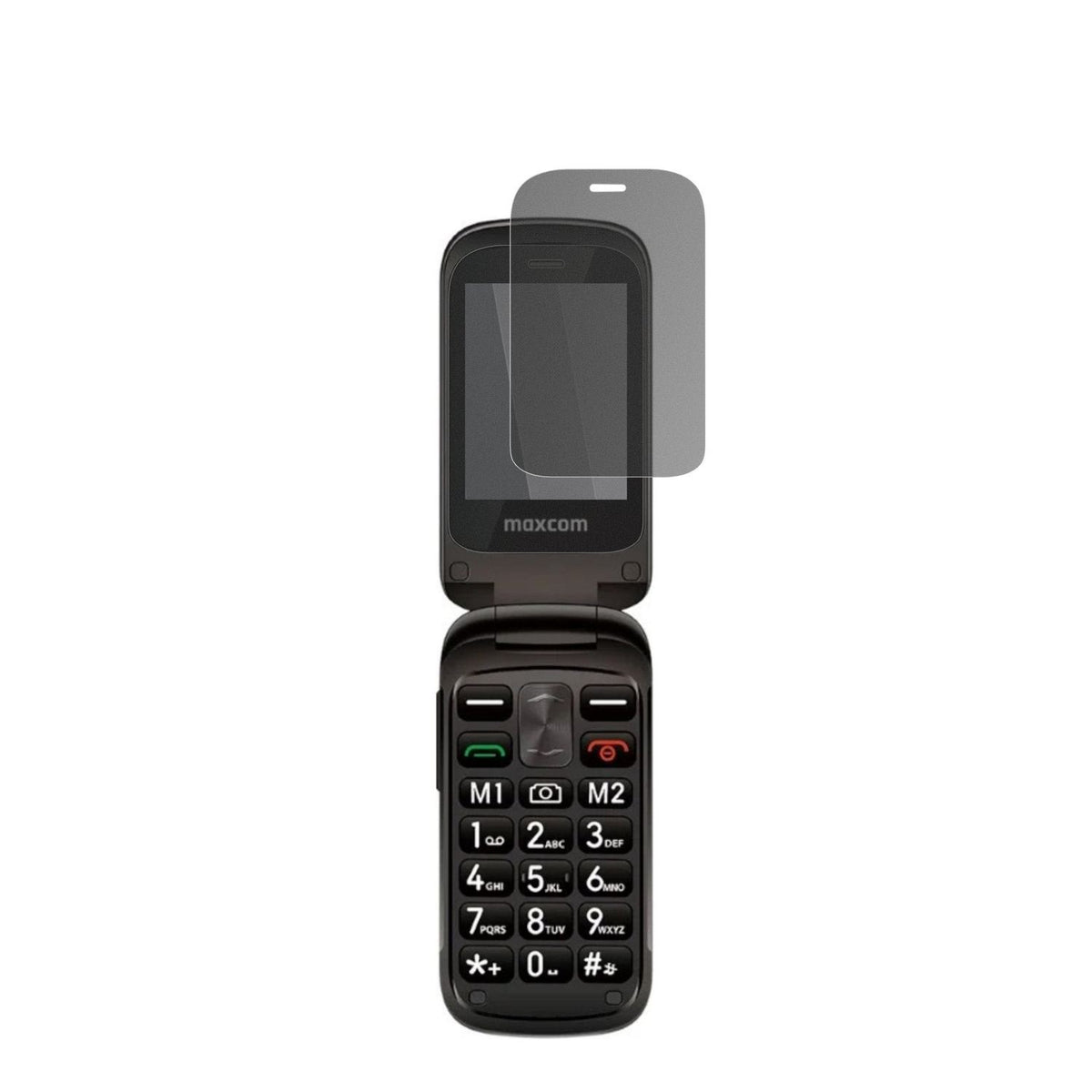 MaxComComfort MM834 4G mit aufgebrachtem dipos Displayschutz, der seitliche Einblicke blockiert