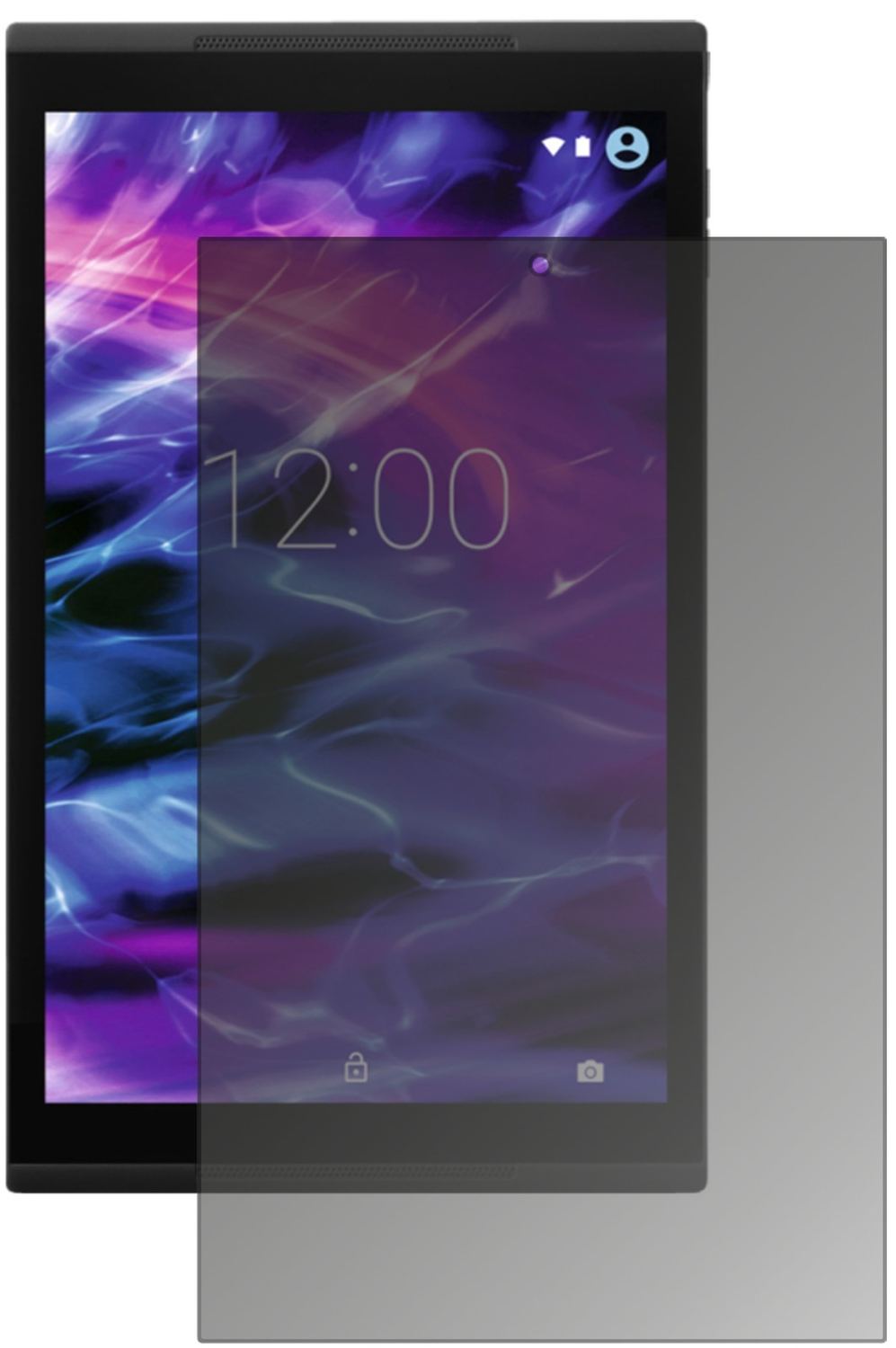 MedionLifetab X10302 mit aufgebrachtem dipos Displayschutz, der seitliche Einblicke blockiert