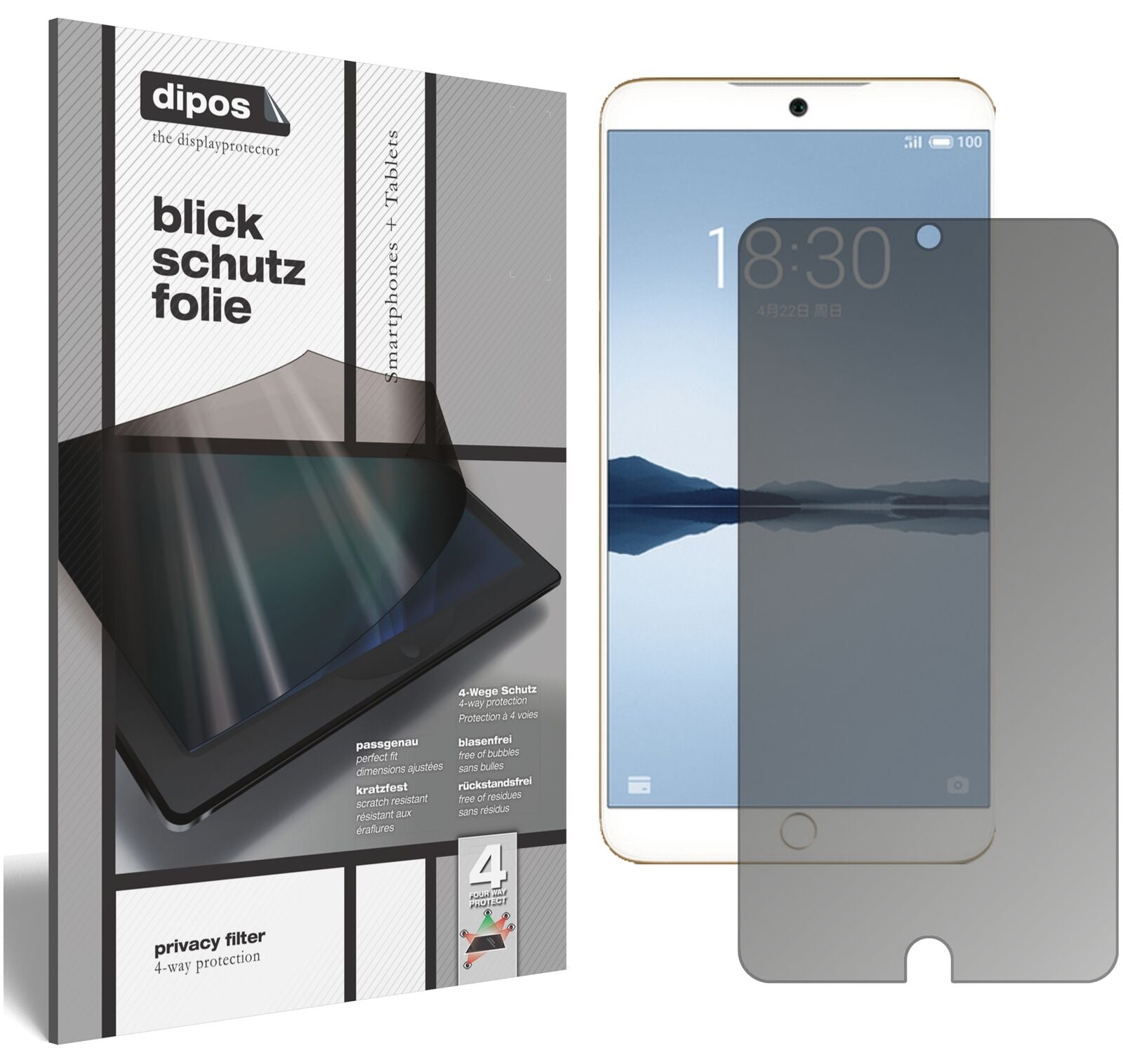 Meizu15 Plus mit aufgebrachtem dipos Displayschutz, der seitliche Einblicke blockiert