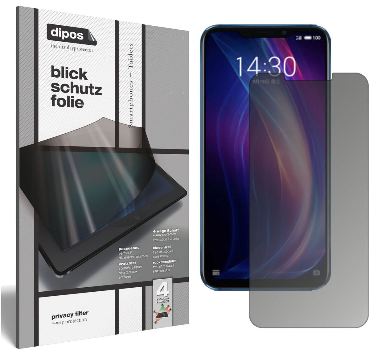 MeizuX8 mit aufgebrachtem dipos Displayschutz, der seitliche Einblicke blockiert