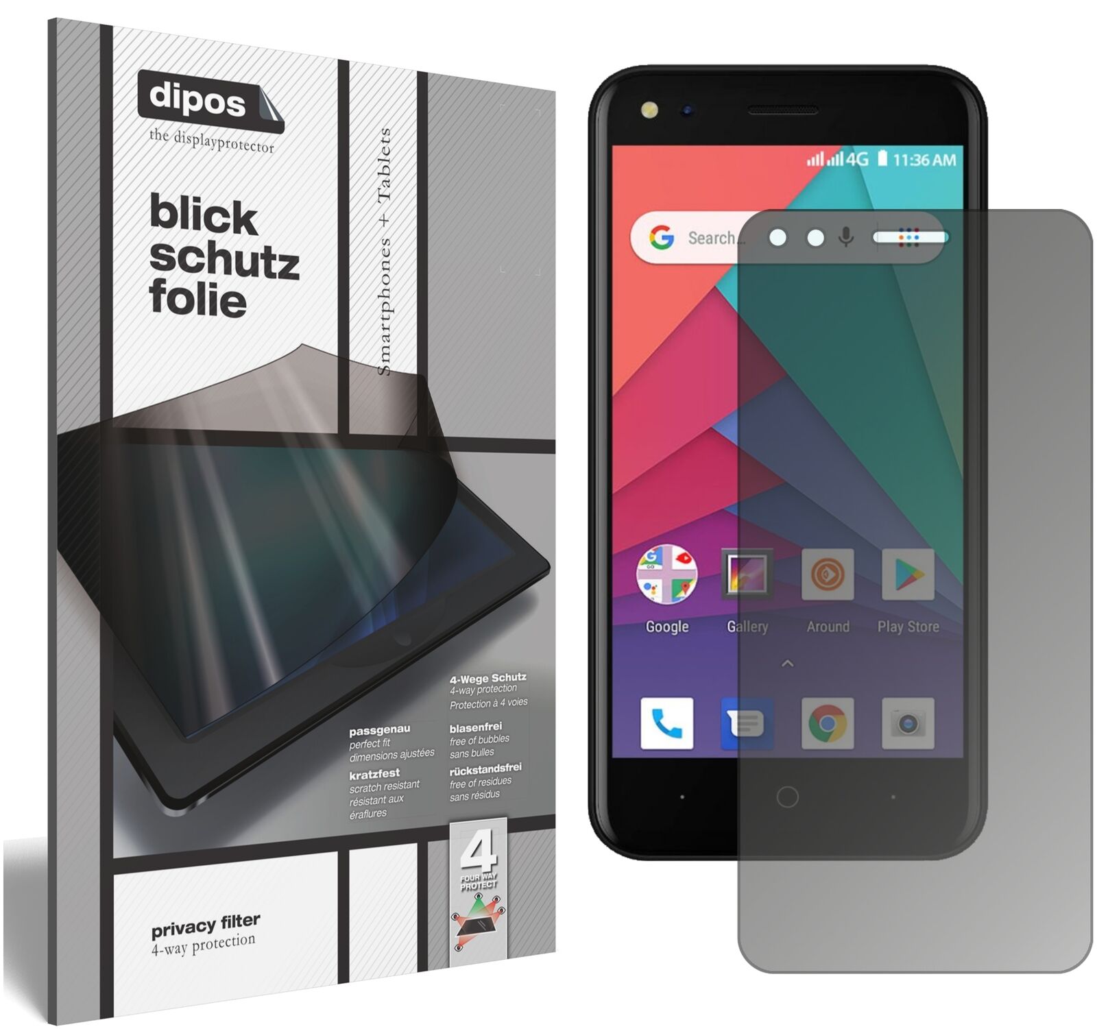 MicromaxBharat Go mit aufgebrachtem dipos Displayschutz, der seitliche Einblicke blockiert