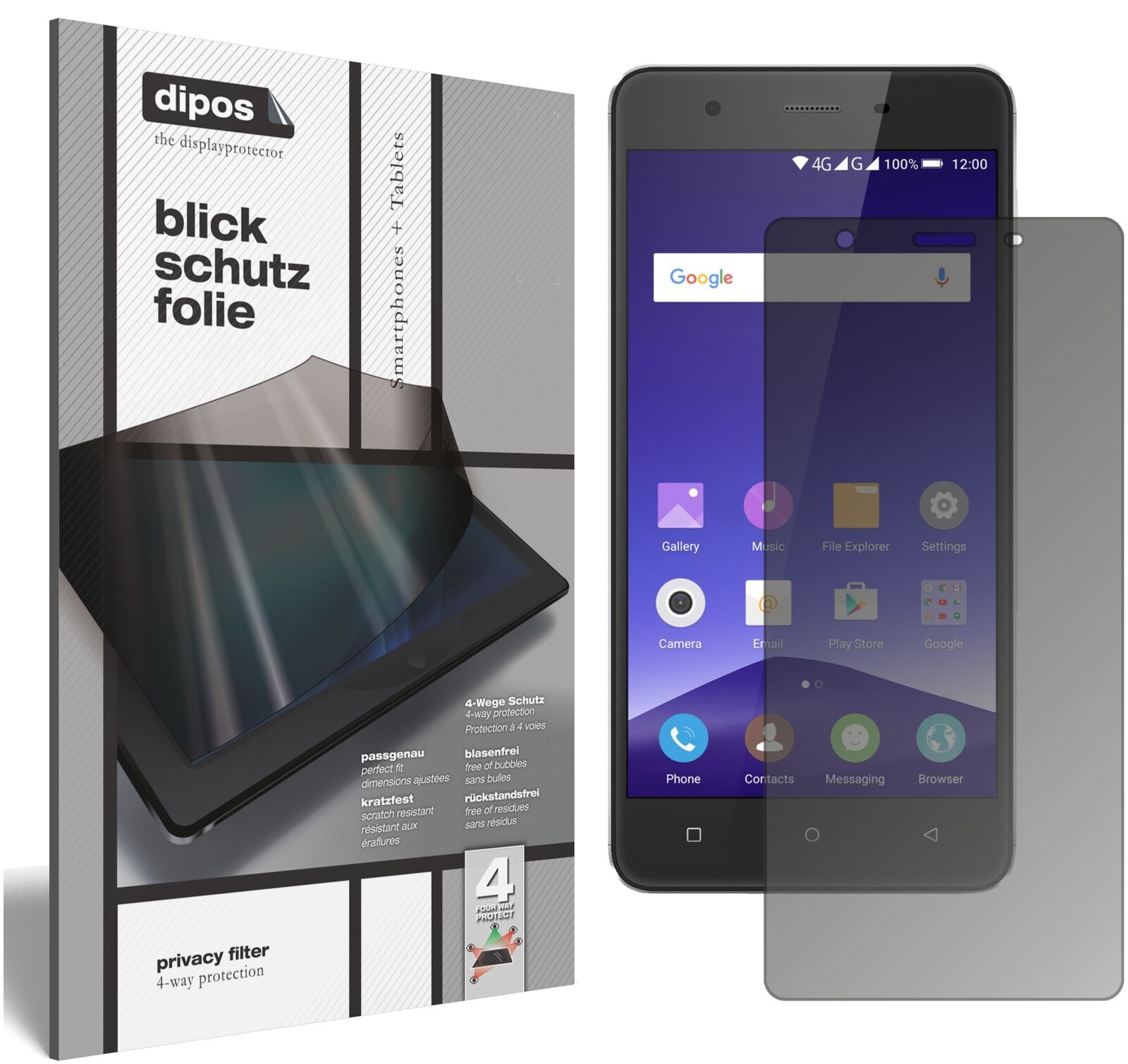 MobistelCynus F10 mit aufgebrachtem dipos Displayschutz, der seitliche Einblicke blockiert