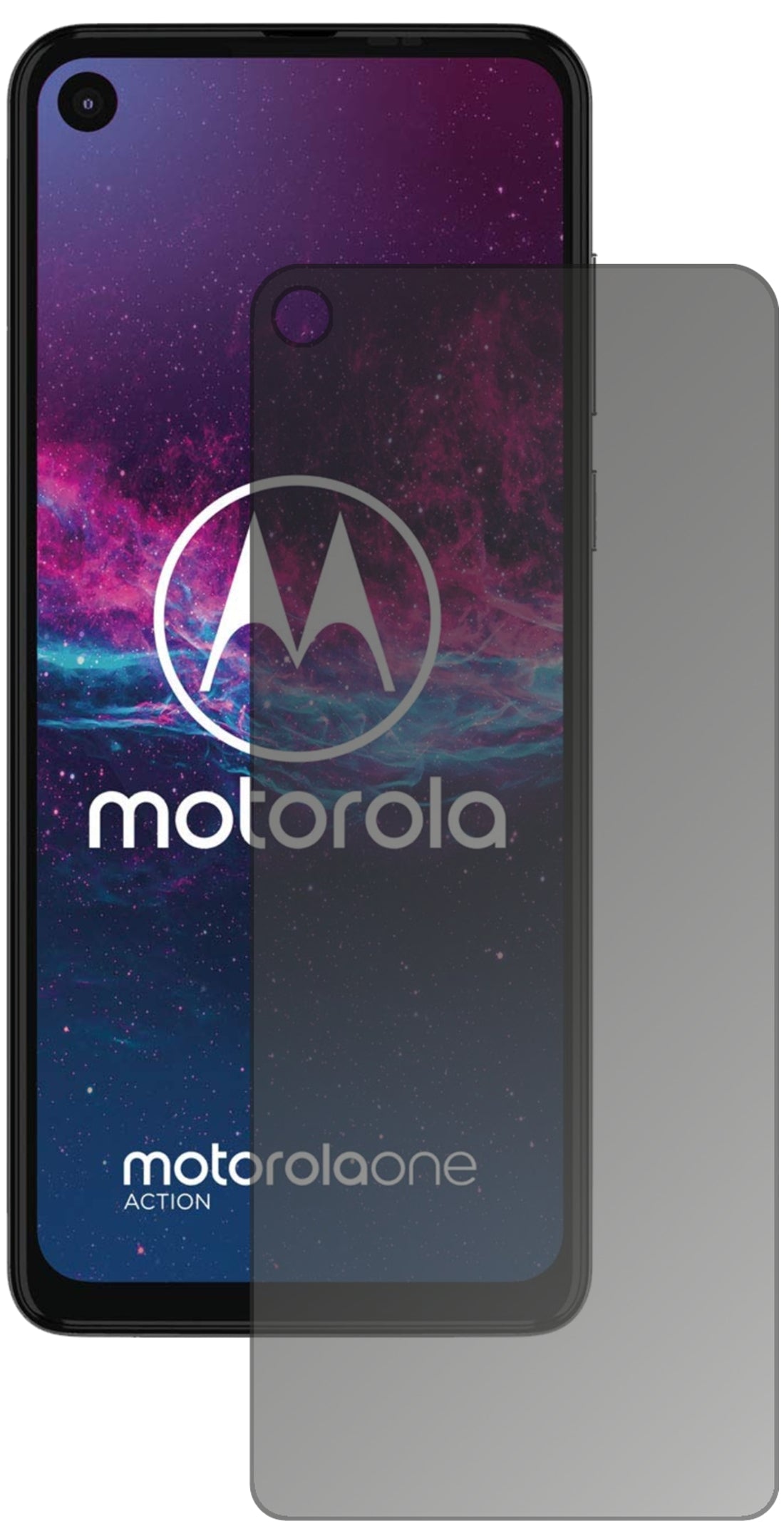 MotorolaOne Action mit aufgebrachtem dipos Displayschutz, der seitliche Einblicke blockiert