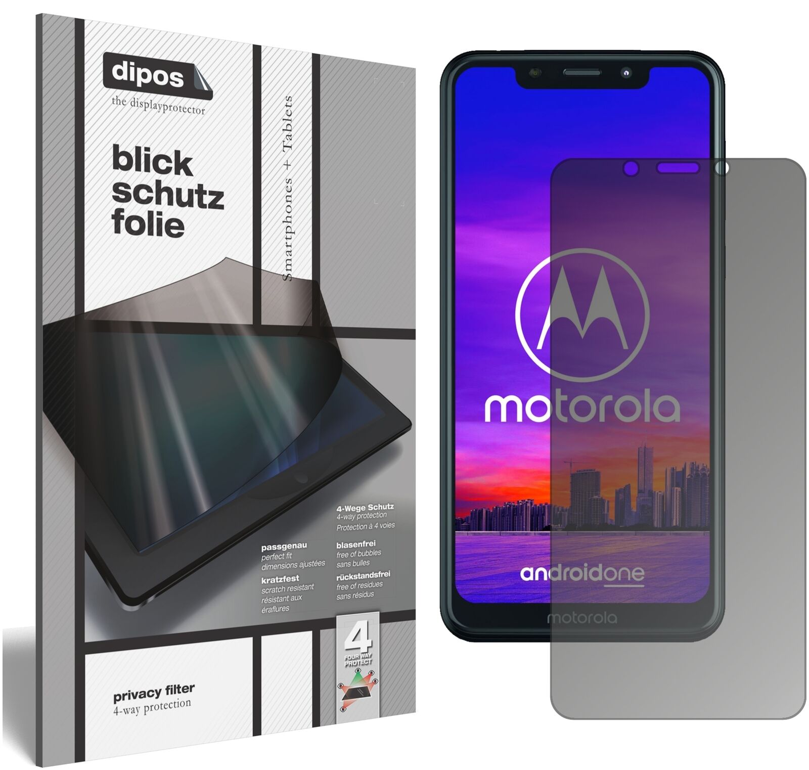 MotorolaOne mit aufgebrachtem dipos Displayschutz, der seitliche Einblicke blockiert