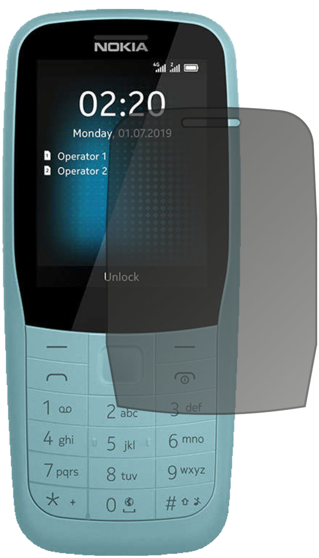 Nokia220 4G mit aufgebrachtem dipos Displayschutz, der seitliche Einblicke blockiert