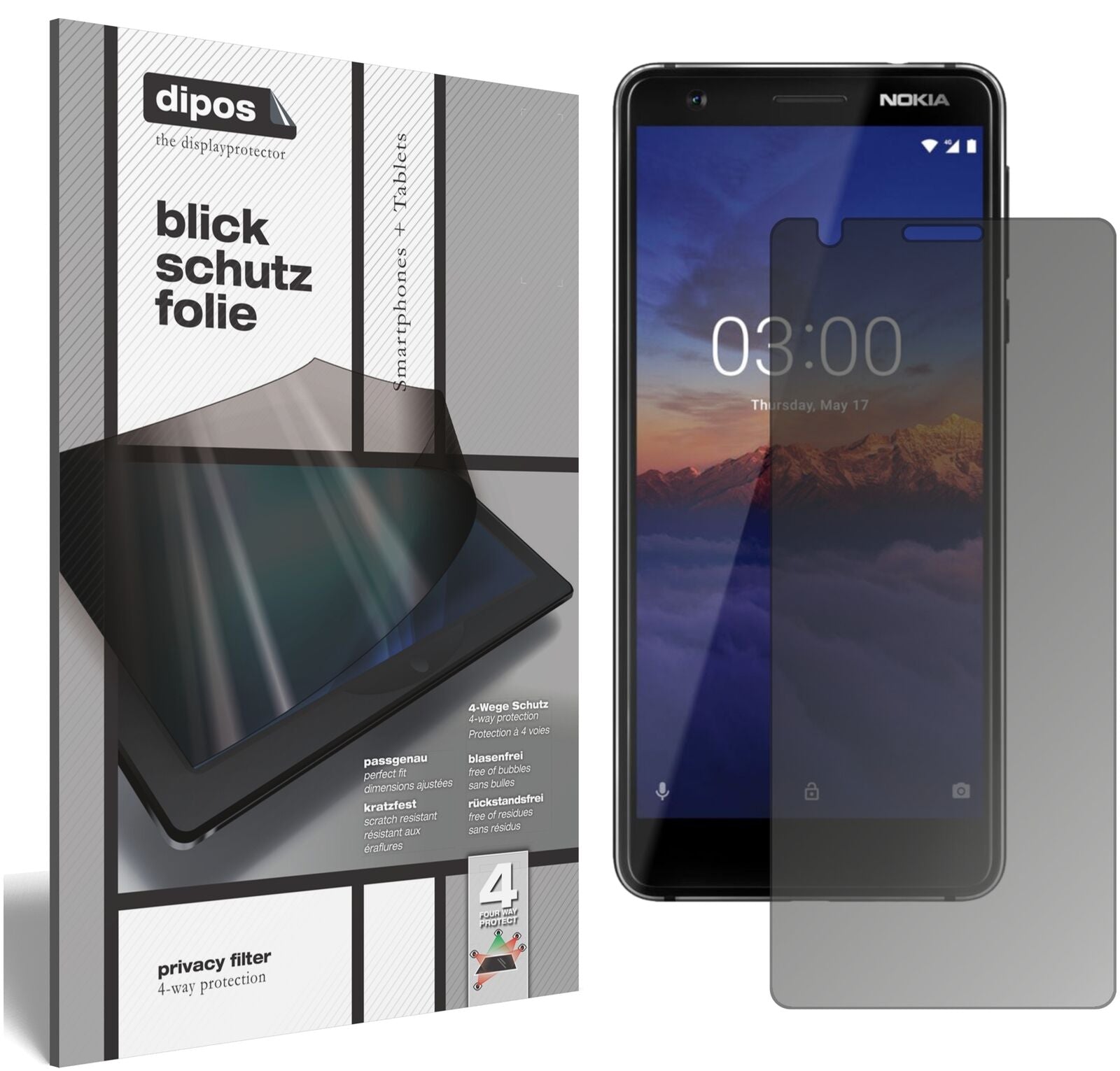 Nokia46025 mit aufgebrachtem dipos Displayschutz, der seitliche Einblicke blockiert