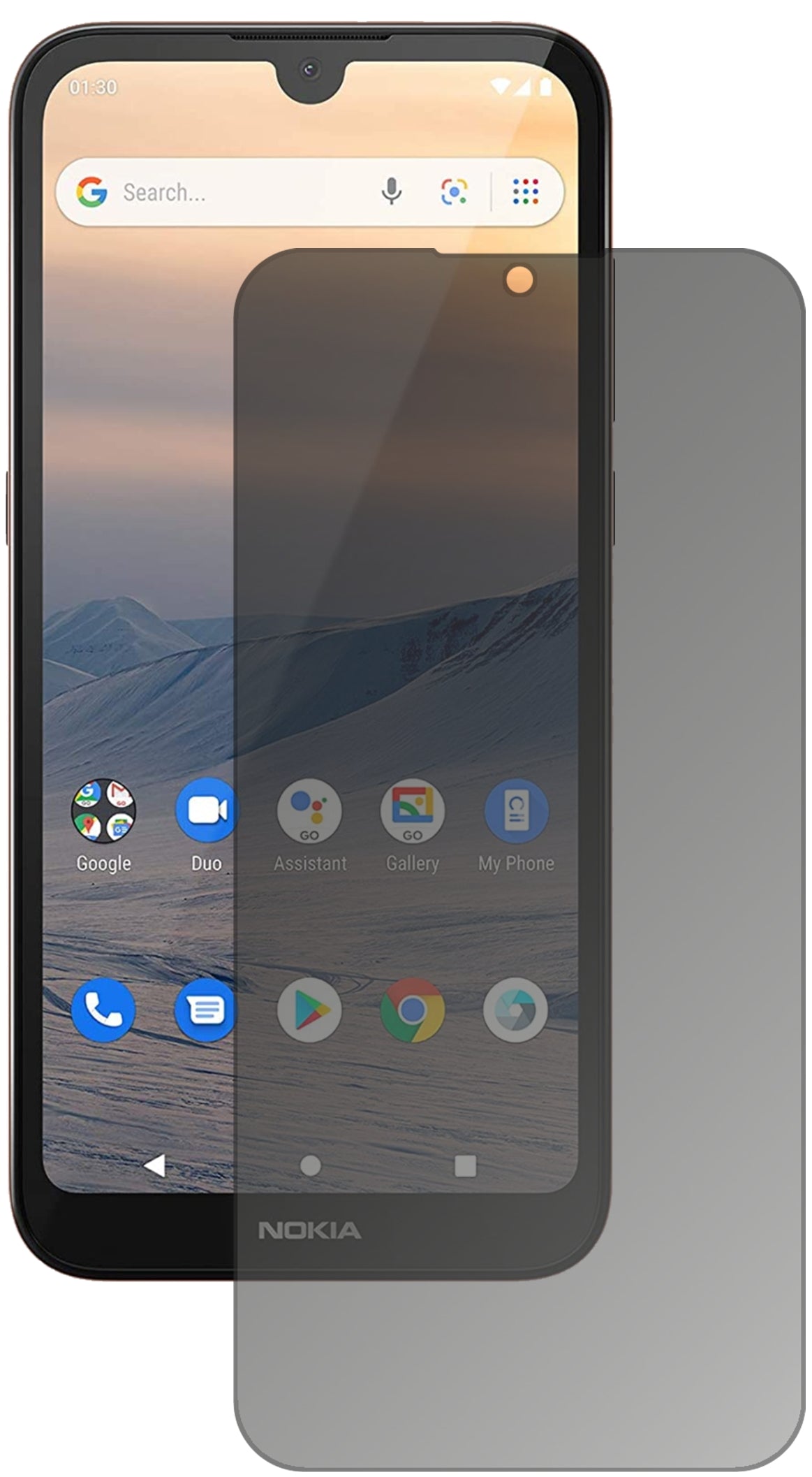 Nokia46082 mit aufgebrachtem dipos Displayschutz, der seitliche Einblicke blockiert