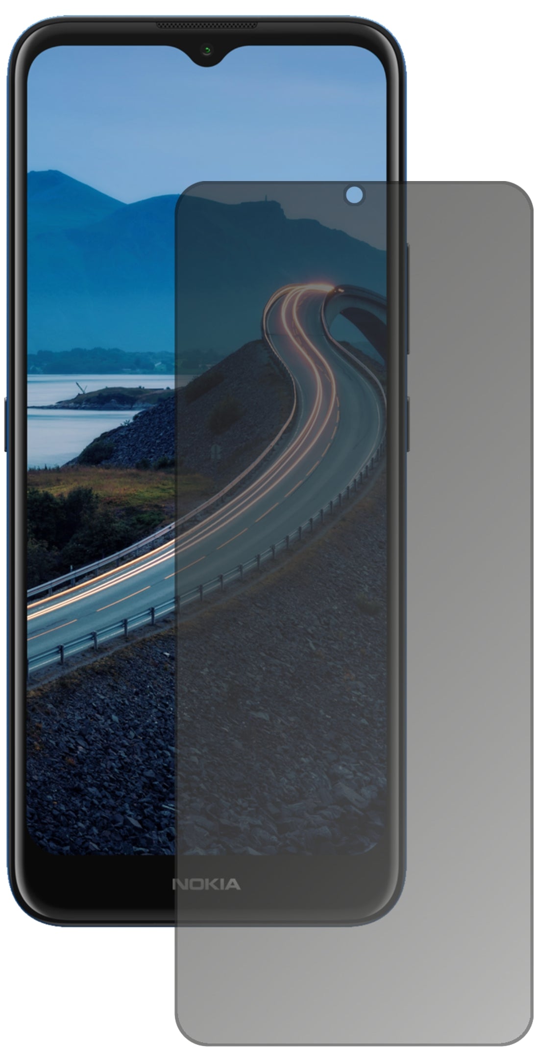 NokiaC5 Endi mit aufgebrachtem dipos Displayschutz, der seitliche Einblicke blockiert