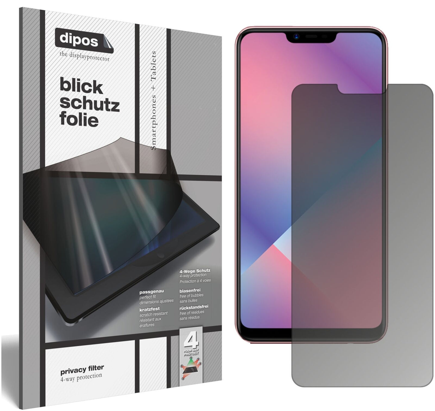 OppoA5 mit aufgebrachtem dipos Displayschutz, der seitliche Einblicke blockiert