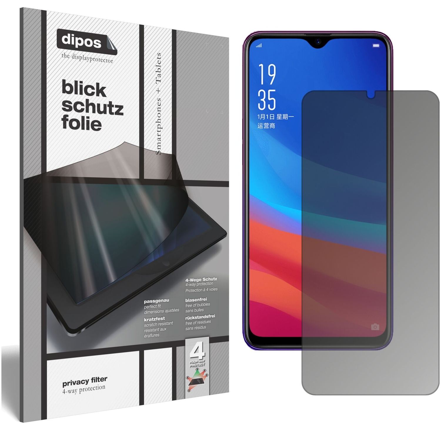OppoA7x mit aufgebrachtem dipos Displayschutz, der seitliche Einblicke blockiert