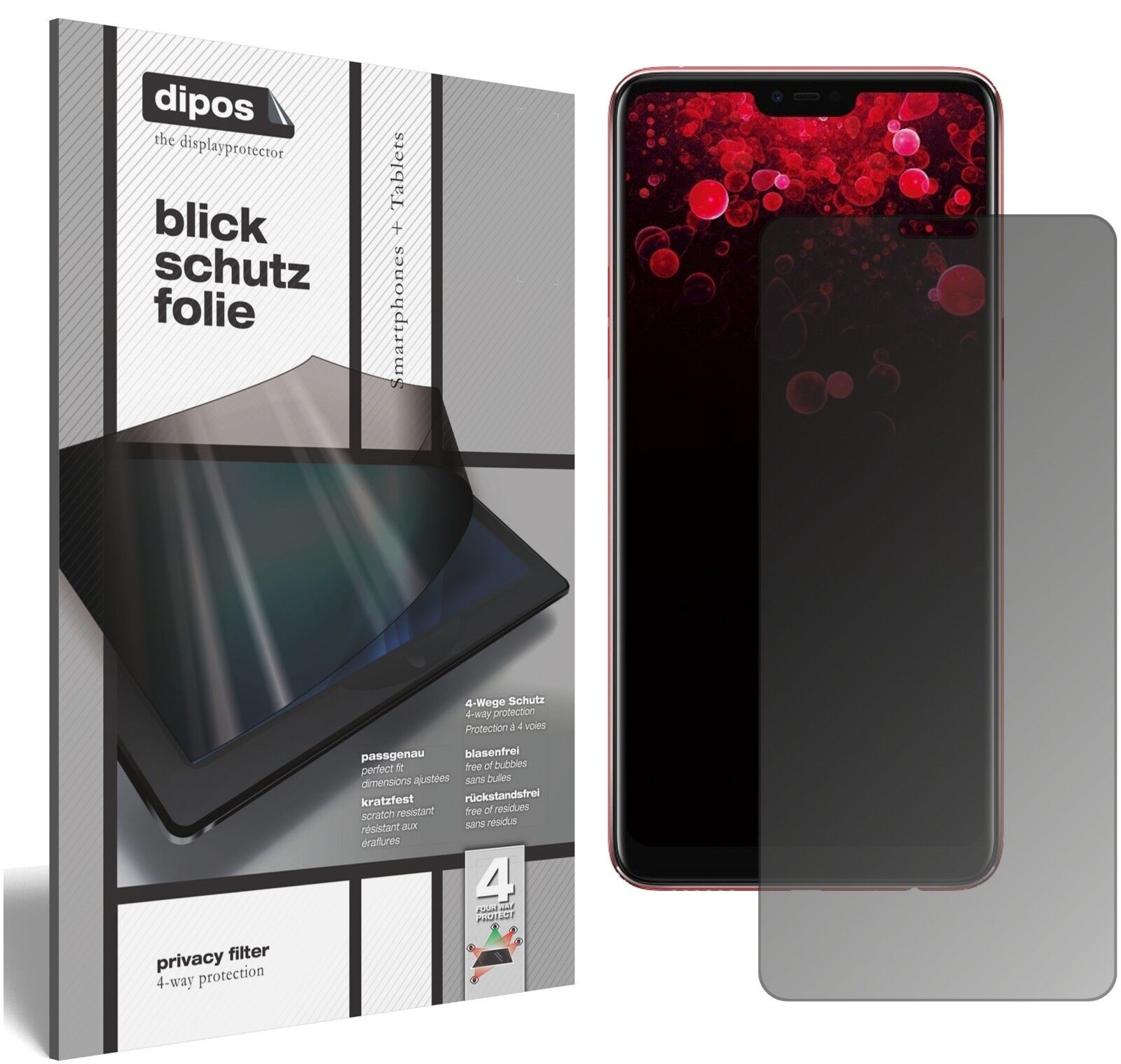 OppoF7 mit aufgebrachtem dipos Displayschutz, der seitliche Einblicke blockiert